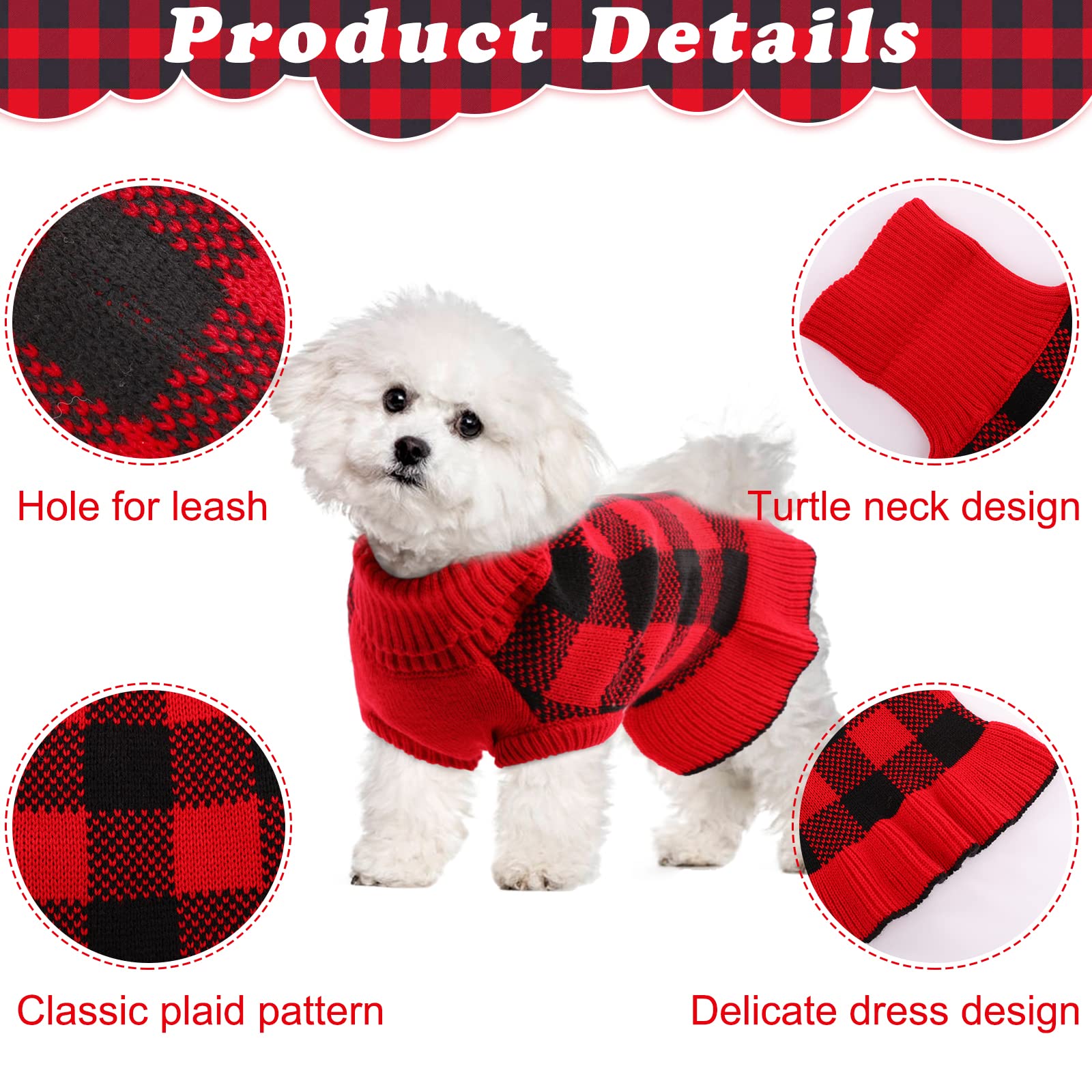 Lelepet Warm Winter Dog Sweater Dress - Xmas Turtleneck Pullover Knitwear Plaid Christmas Sweater For Small, Medium, Large Dogs