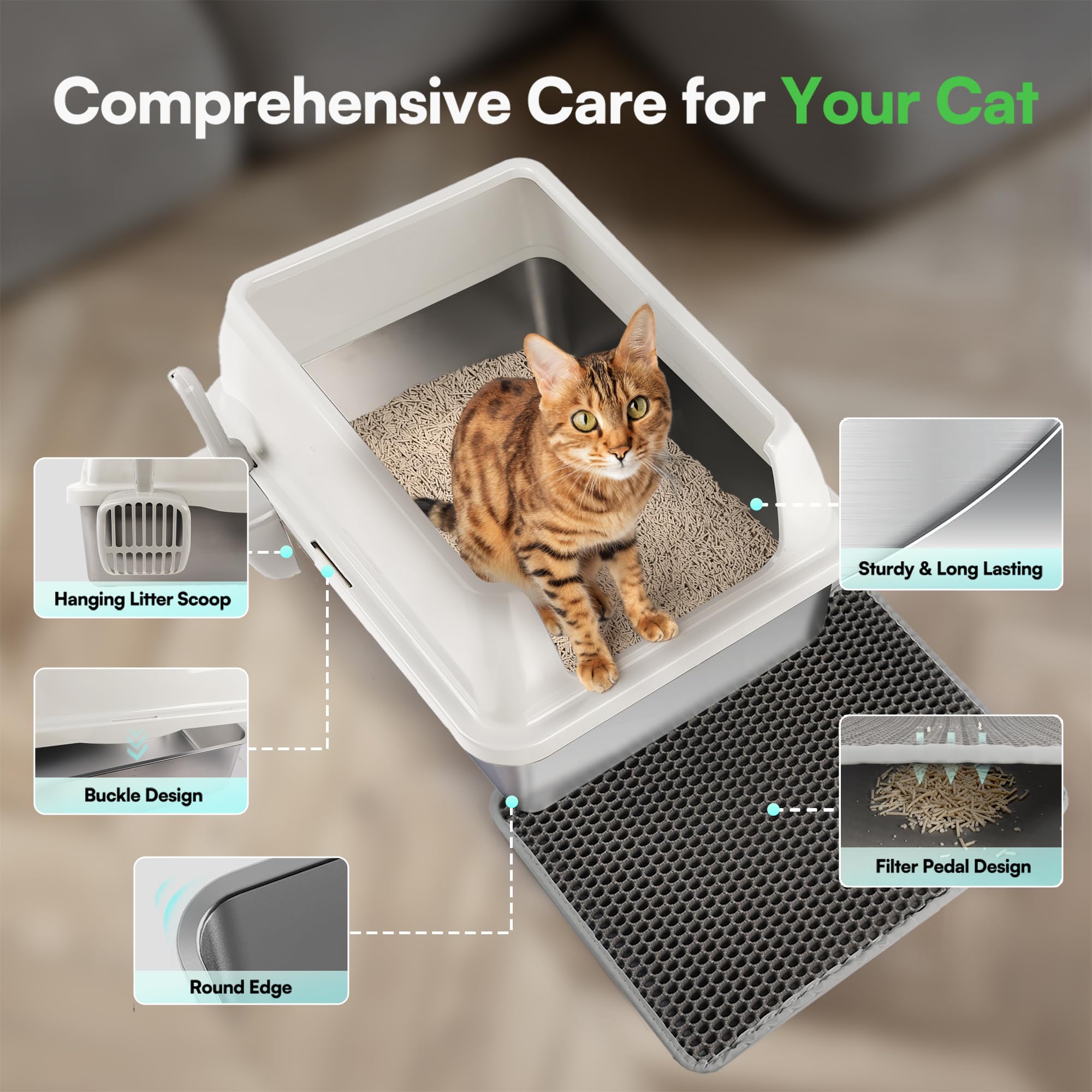 All For Paws Stainless Steel Cat Litter Box With Litter Mat For Big Cats Extra Large Metal Litter Pan Tray With High Wall Sides,