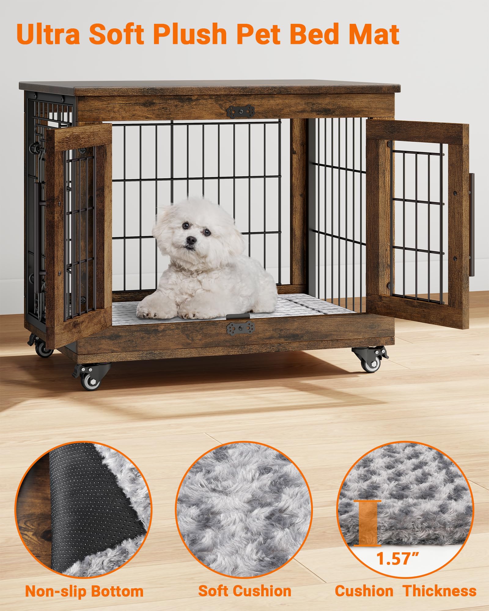 YaFiti Dog Crate Furniture with Cushion, Wooden Indoor Kennel, 27.2" L, Rustic Brown, Set of 2 with Double Doors and Wheels