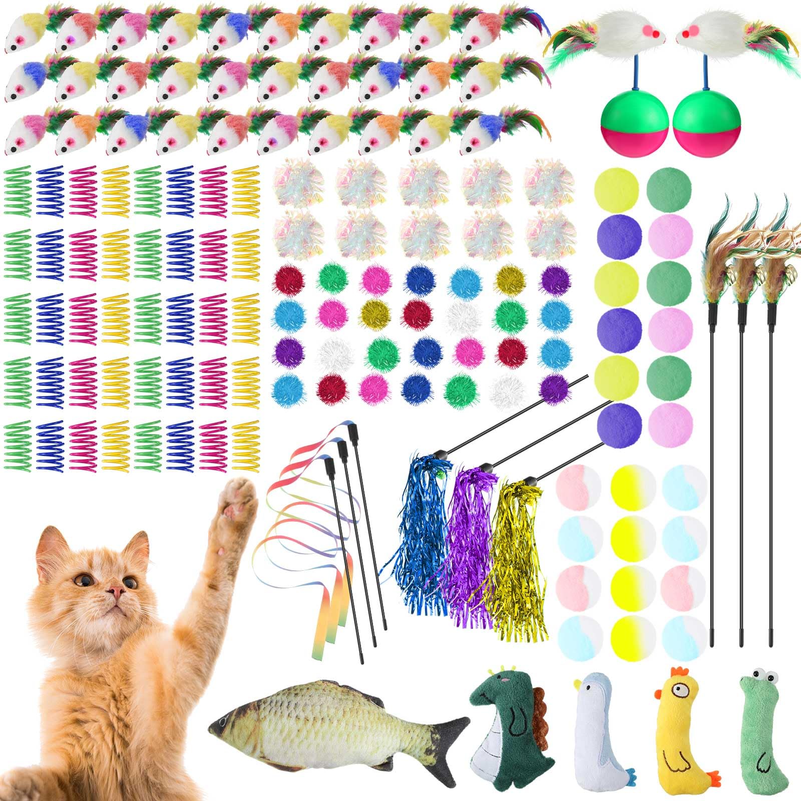 Shappy 150 Pcs Cat Toys Set Include 40 Colorful Springs 30 Mice Toys 30 Interactive Sparkle Balls 24 Mute Plush Balls 10 Crinkle