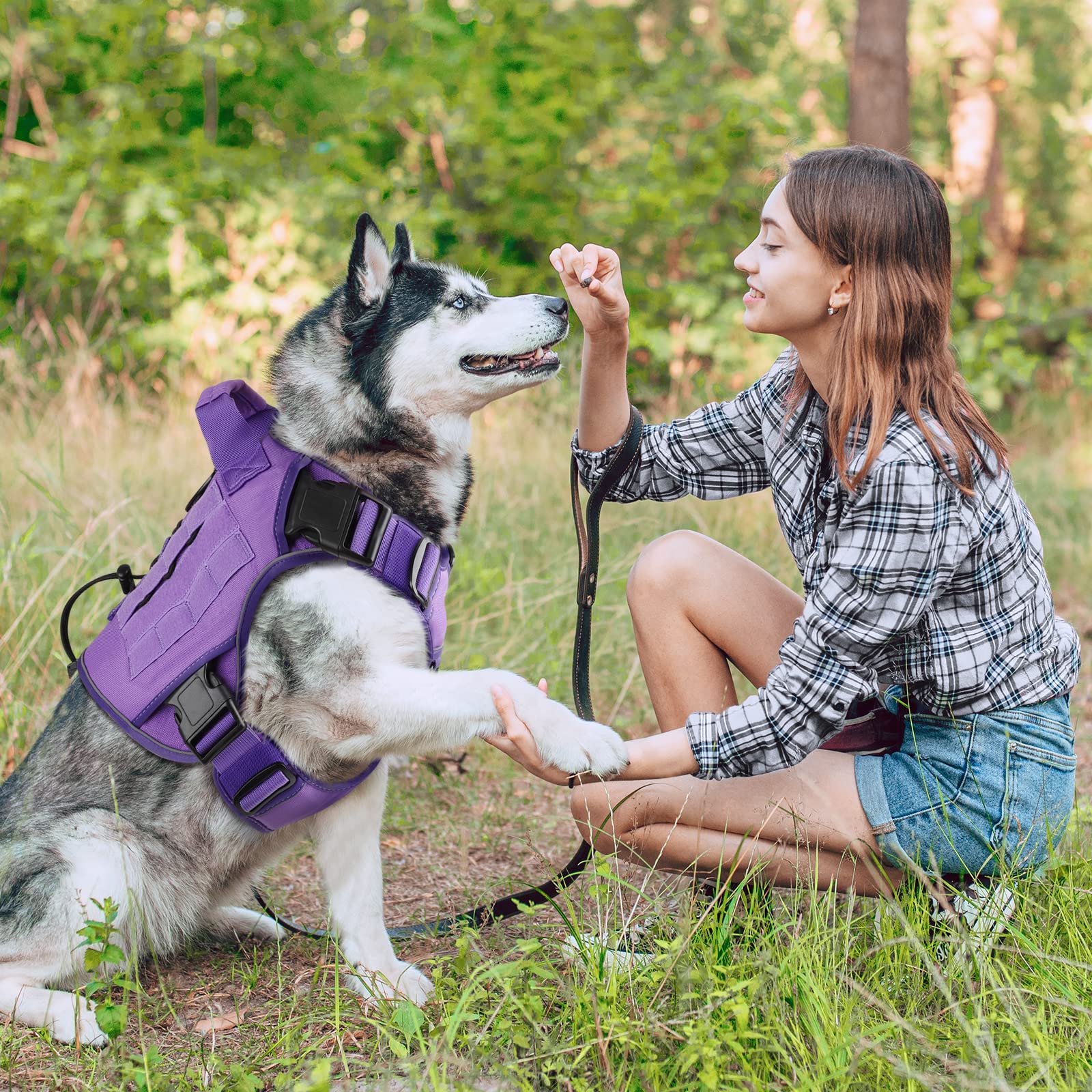Wingoin Purple Tactical Dog Harness Vest With Handle Tactical Dog Harness For Large Dogs No Pull Adjustable Pet Harness Reflective K9 Military Service Dog Harnesses For Walking Hiking Training (L)