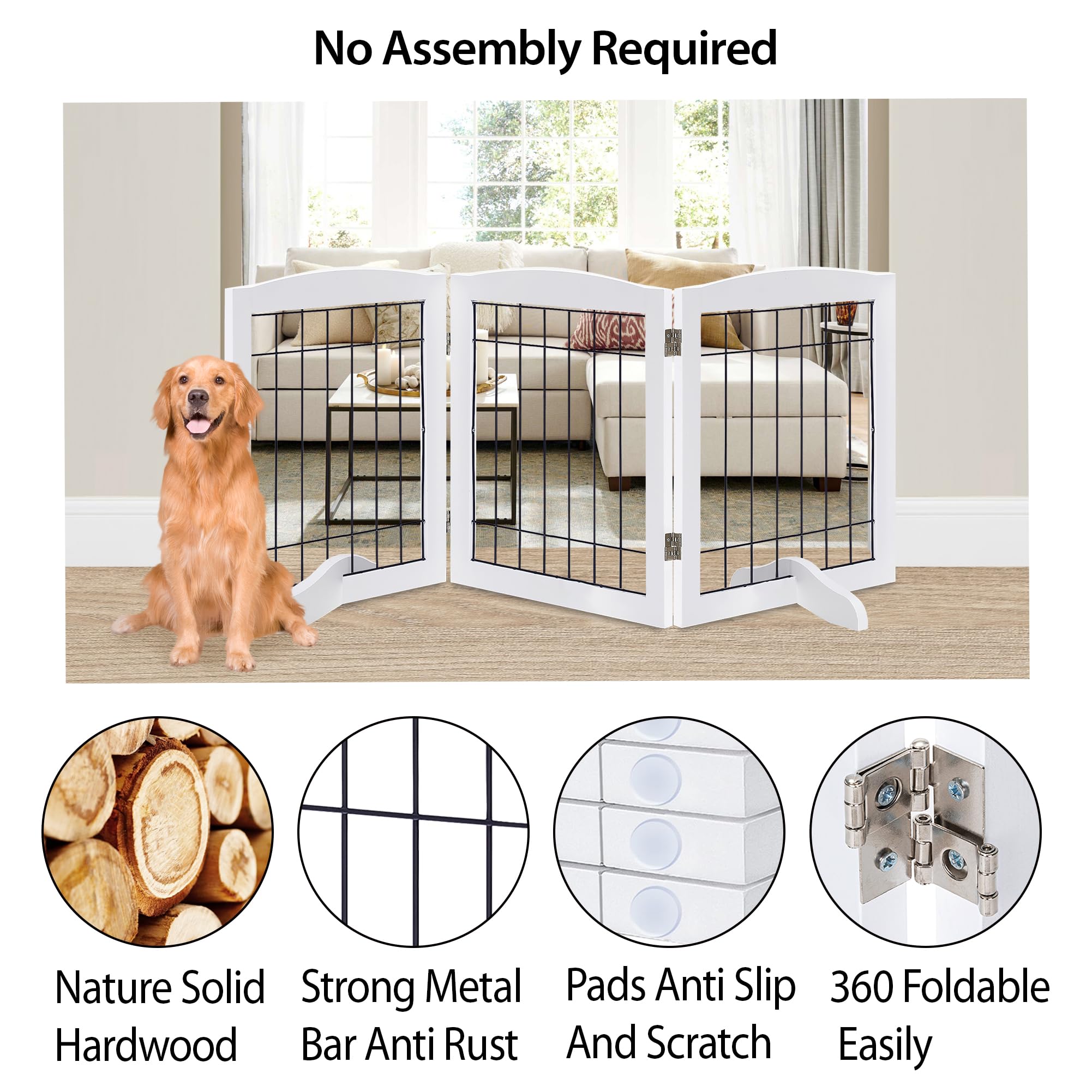 Lzrs 3-Panel Freestanding Adjustable Wooden Dog Gate-30'' Tall Foldable Pet Barrier With Support Feet, Chew-Resistant Solid Hard