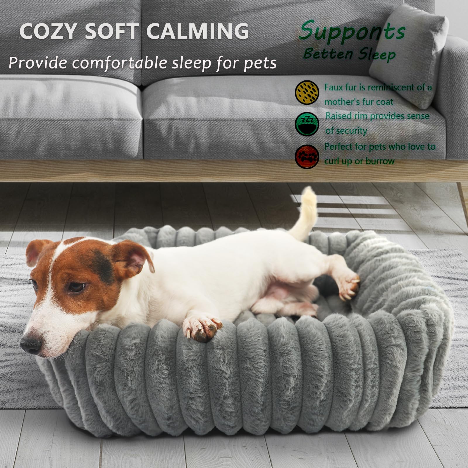 Rectangle Dog Bed For Small Dogs Washable Furry Puppy Beds,Orthopedic Soft Calming Warming Sleeping Cat Bed With Sides,Cozy Cord