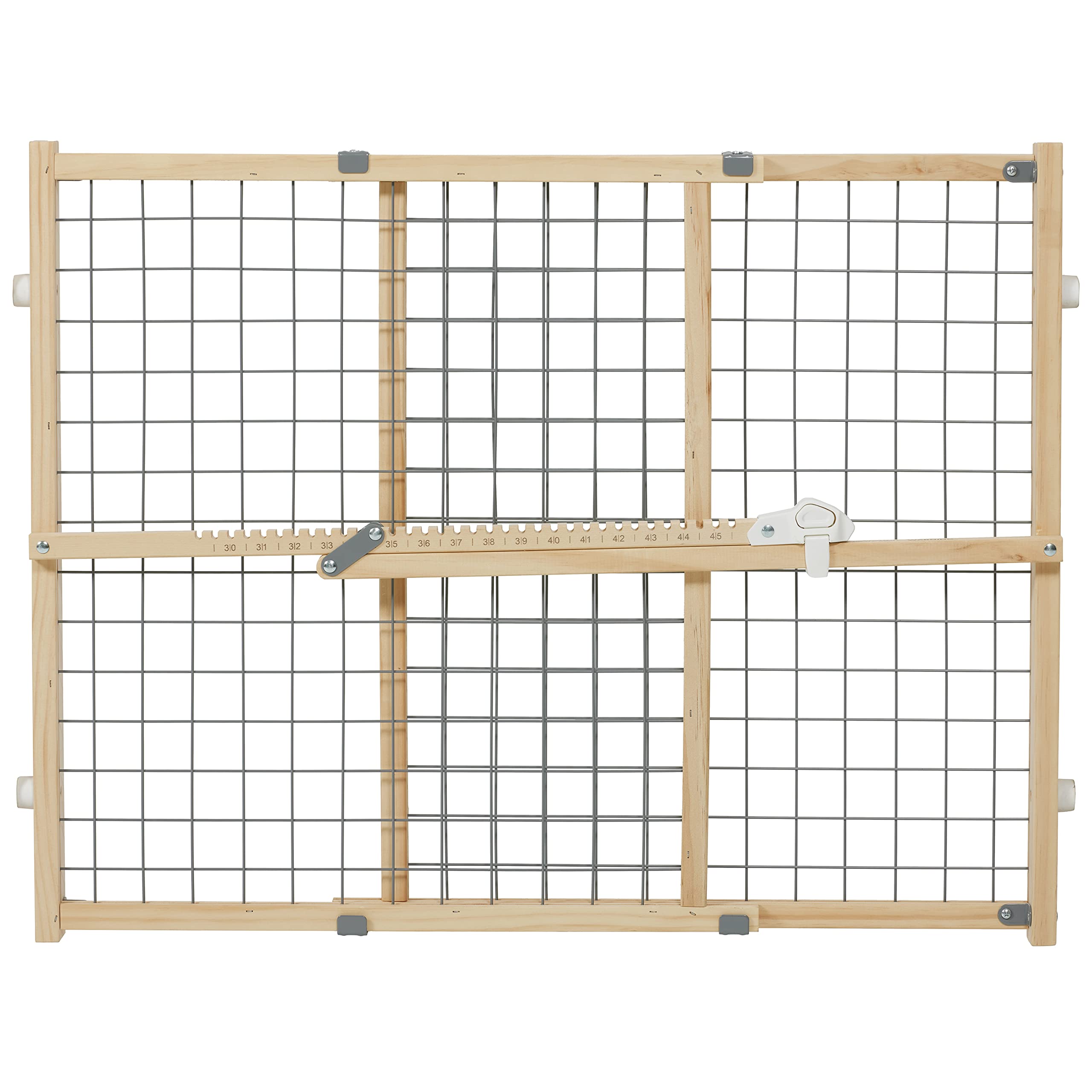 New World Wire Mesh Wood Dog Gate, Pet Gate, Does Not Damage Walls, No Tool Assembly, Features Patented Locking Arm, 24H X 27-41.5W - Inches, Natural Wood & Light Gray Mesh