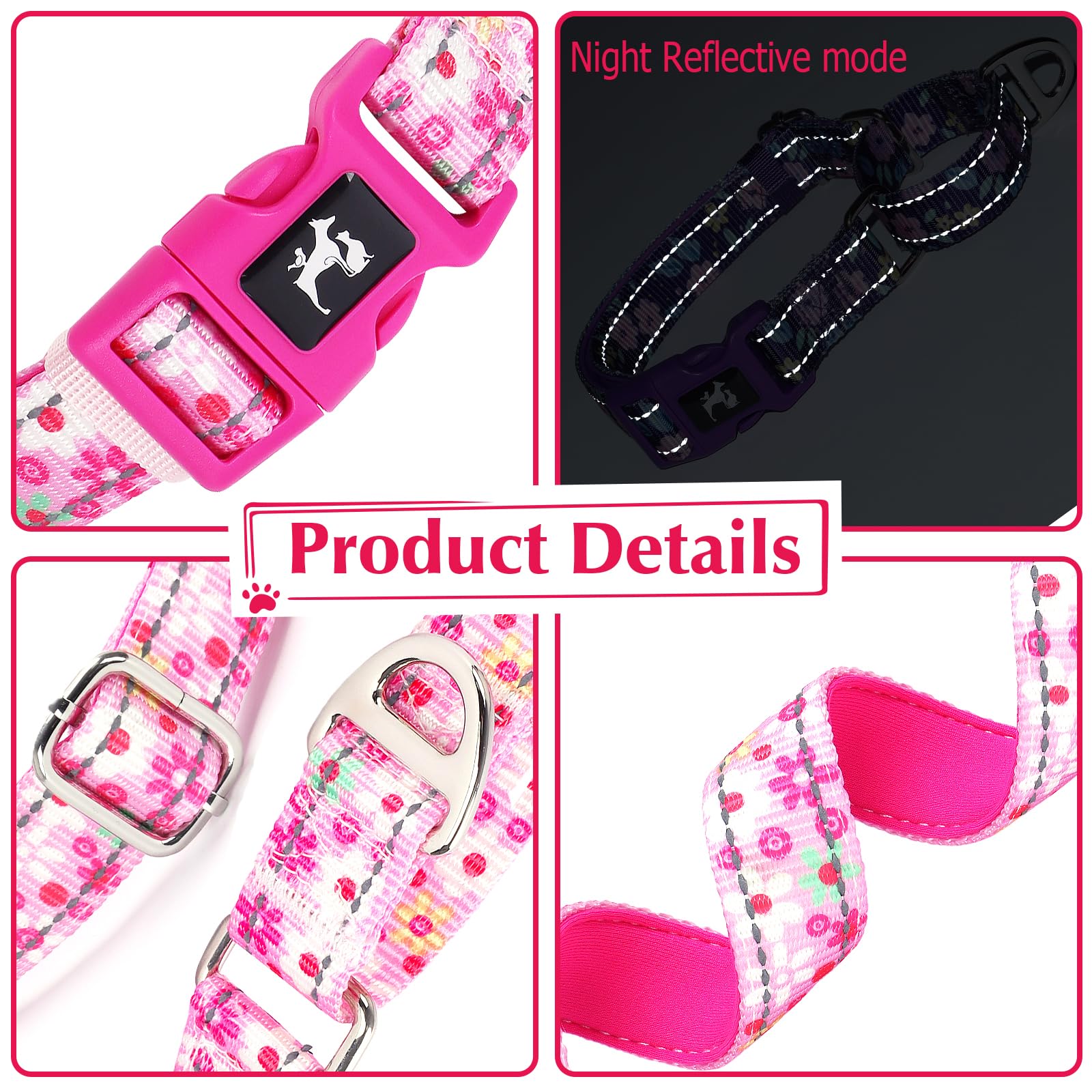 Onefojojo Pink Floral Martingale Dog Collars For Dogs, Reflective Nylon Dog Collar With Buckle Adjustable Training, Walking, Hun