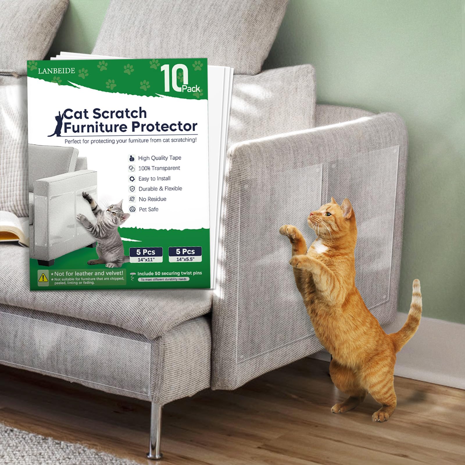 Lanbeide Cat Scratch Furniture Protector - 10 Pack Couch Protector From Cat Claws, Clear Anti-Scratch Deterrent For Sofa, 10 She
