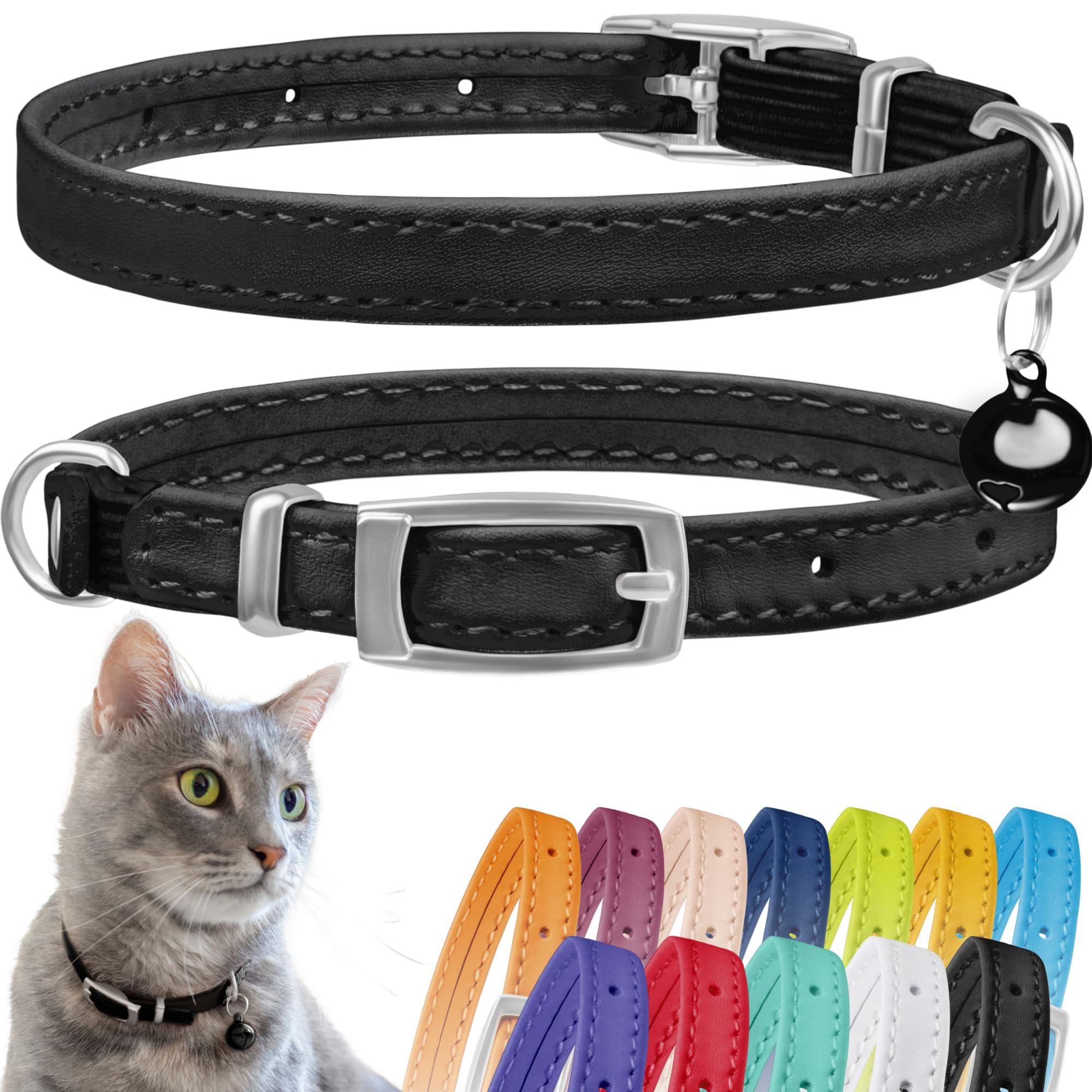 Collardirect Leather Cat Collar With Bell - Kitten Small And Big Cat Collar For Boy Cats, Girl Cats With Safety Elastic Strap (N