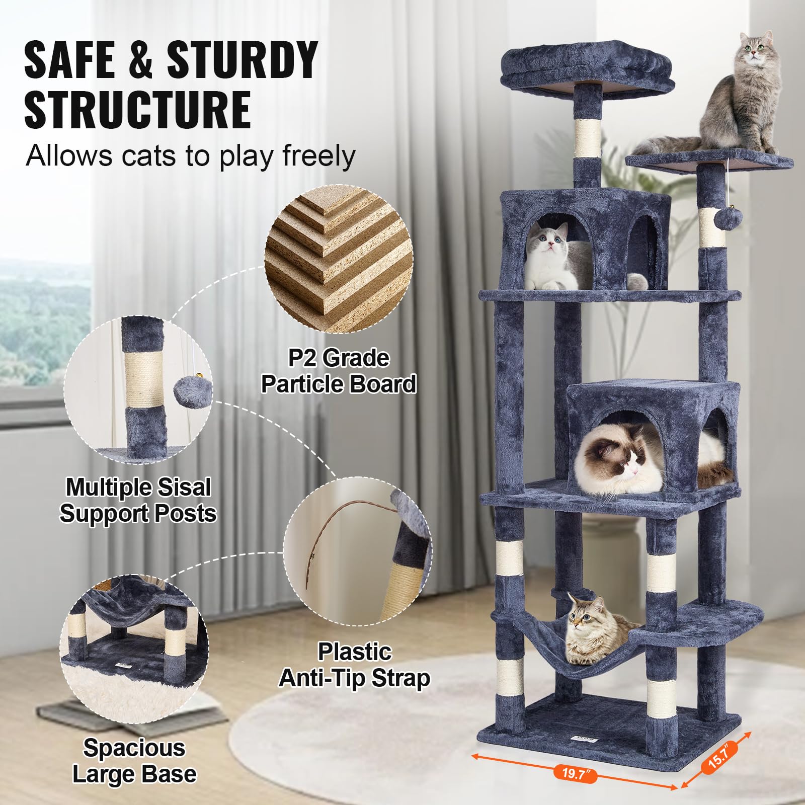 VEVOR Cat Tree 63 Cat Tower with 2 Cat Condos Sisal Scratching Post Light Grey