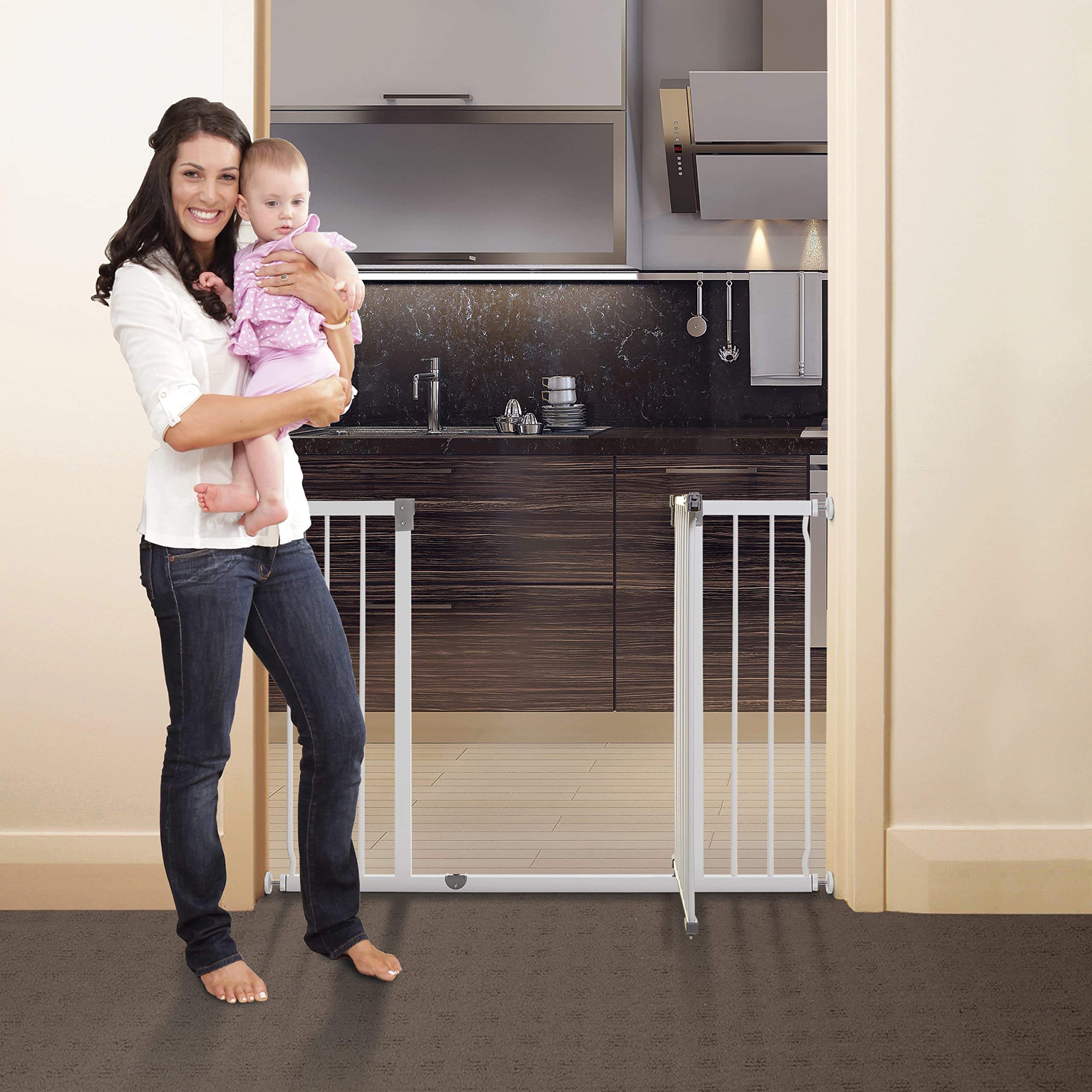 Dreambaby Liberty Extra-Wide Hallway Baby Safety Gate Set, 39-52.5in, 30in Tall, White, Model L799BB, Smart Stay Open Feature