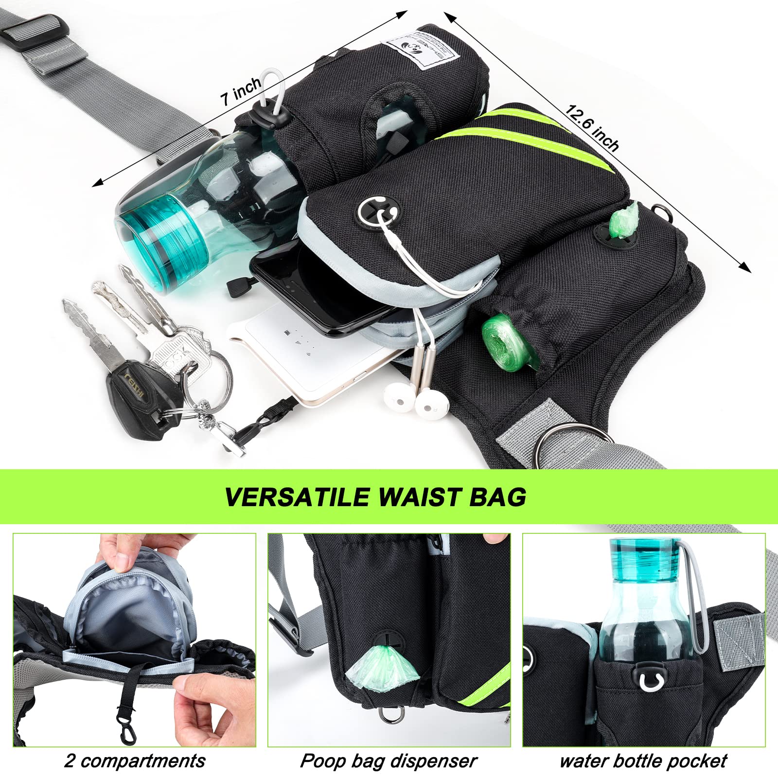 SHINE HAI Retractable Dog Leash for 2 Dogs, Adjustable Waist Belt, Nylon, Green/Black, Model MA-US22-DL, Reflective Stitching