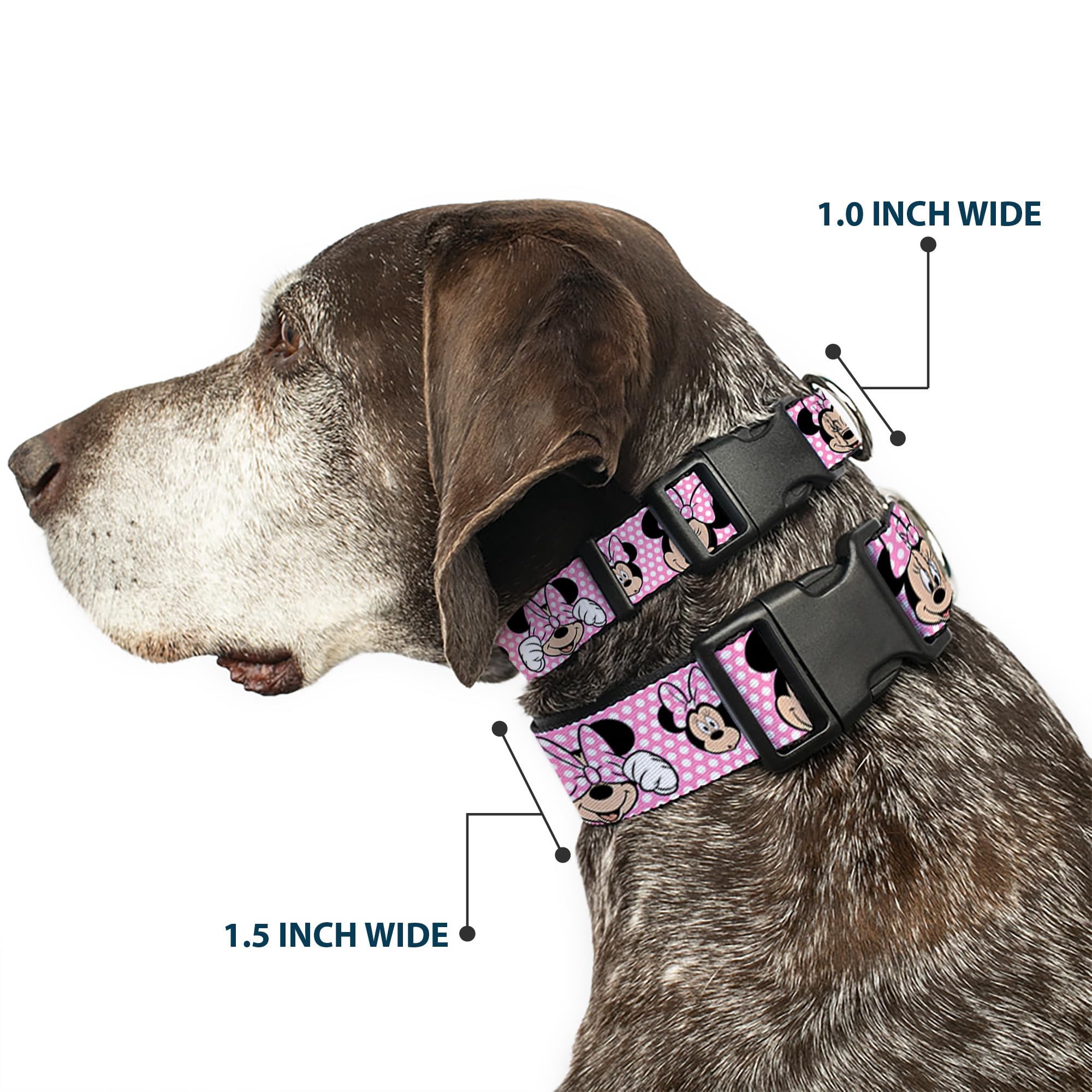 Buckle-Down Plastic Clip Collar - Minnie Mouse Expressions Polka Dot Pink/White - 1.5 Wide - Fits 13-18 Neck - Small
