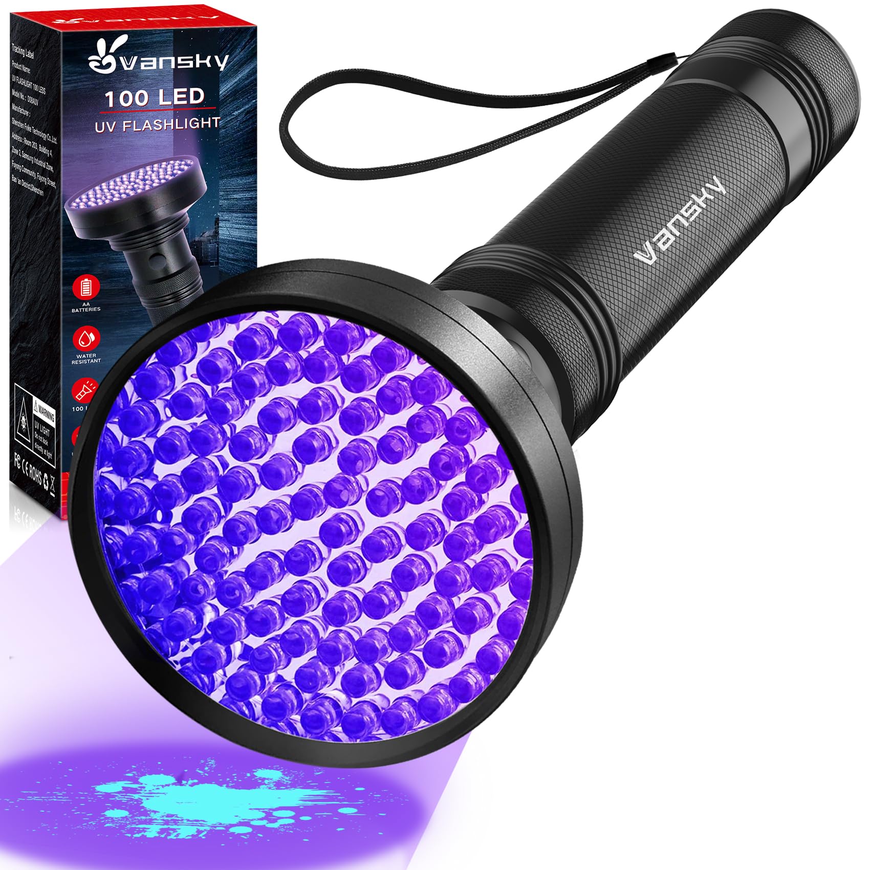 Vansky Black Light UV Flashlights, Ultra Bright 100 LED 395nm Ultraviolet Blacklight Detector for Dog Cat Pet Urine, Dry Stains 