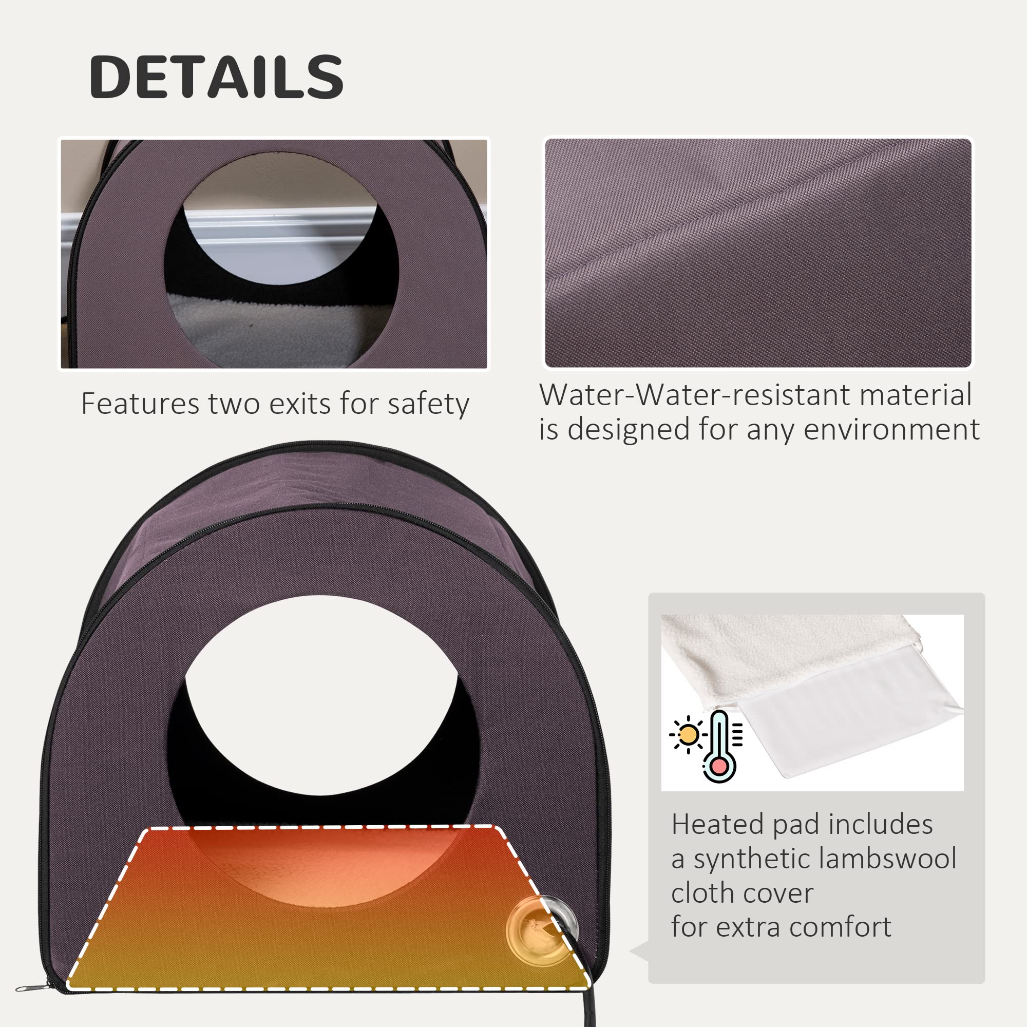 Pawhut Dome Heated Cat House Portable And Waterproof Pet Shelter For Kitty In Winter, Brown