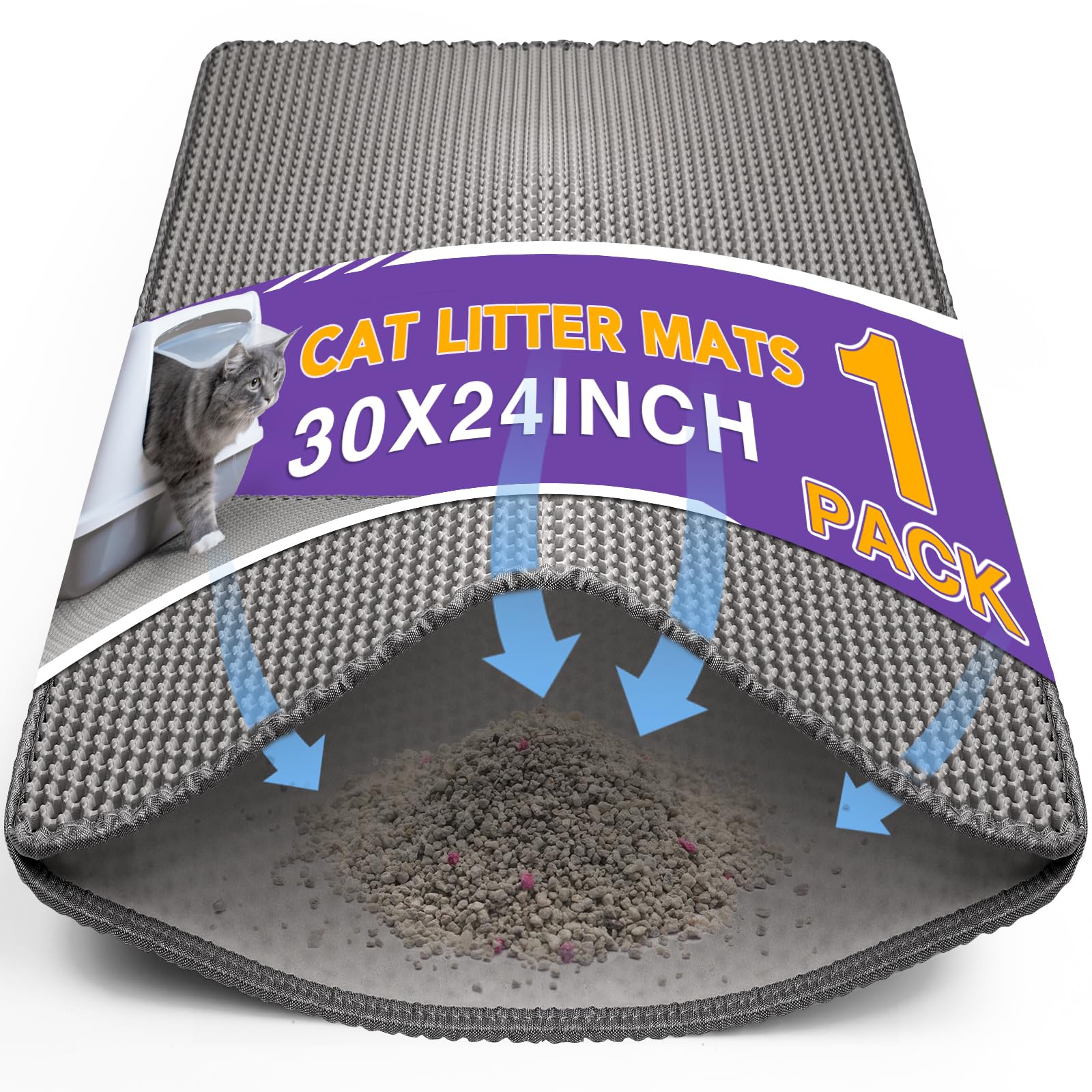 Furwey Cat Litter Mat Double Layer Waterproof Urine Proof Trapping Mat 1 Pack (Gray, 30X24 Inch)