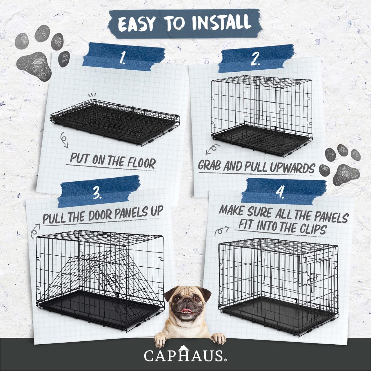 Caphaus Foldable Dog Crate Wire Metal Dog Kennel W/Leak-Proof Pan & Protecting Feet & Divider Panel, Single Door, Small, Medium