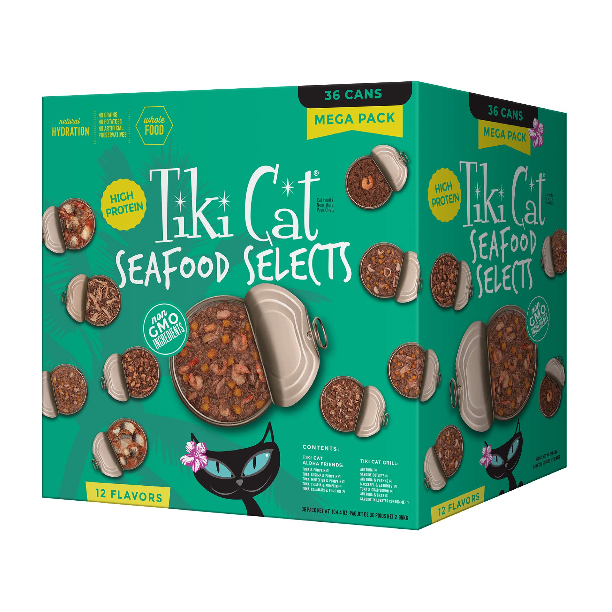 Tiki Cat Seafood Selects, Ultimate Variety Pack, 36 High Protein Servings with Real Flaked Fish, Wet Cat Food Mega Pack, 2.8 and