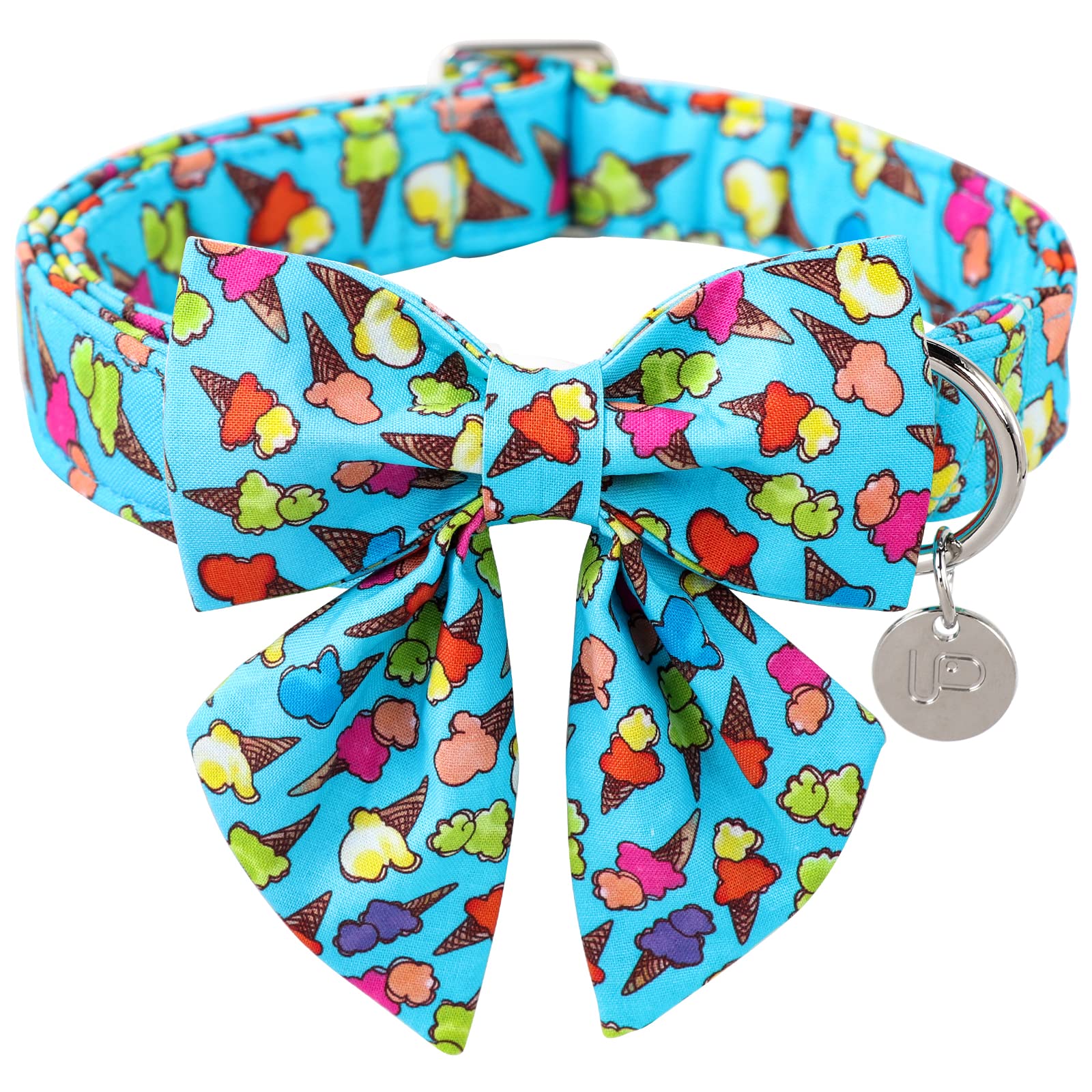 Up Urara Pup Summer Dog Collar With Bow Tie, Cotton Cute Bowtie, Comfortable Blue Collar With Metal Buckle, Xl, Neck 16-26In