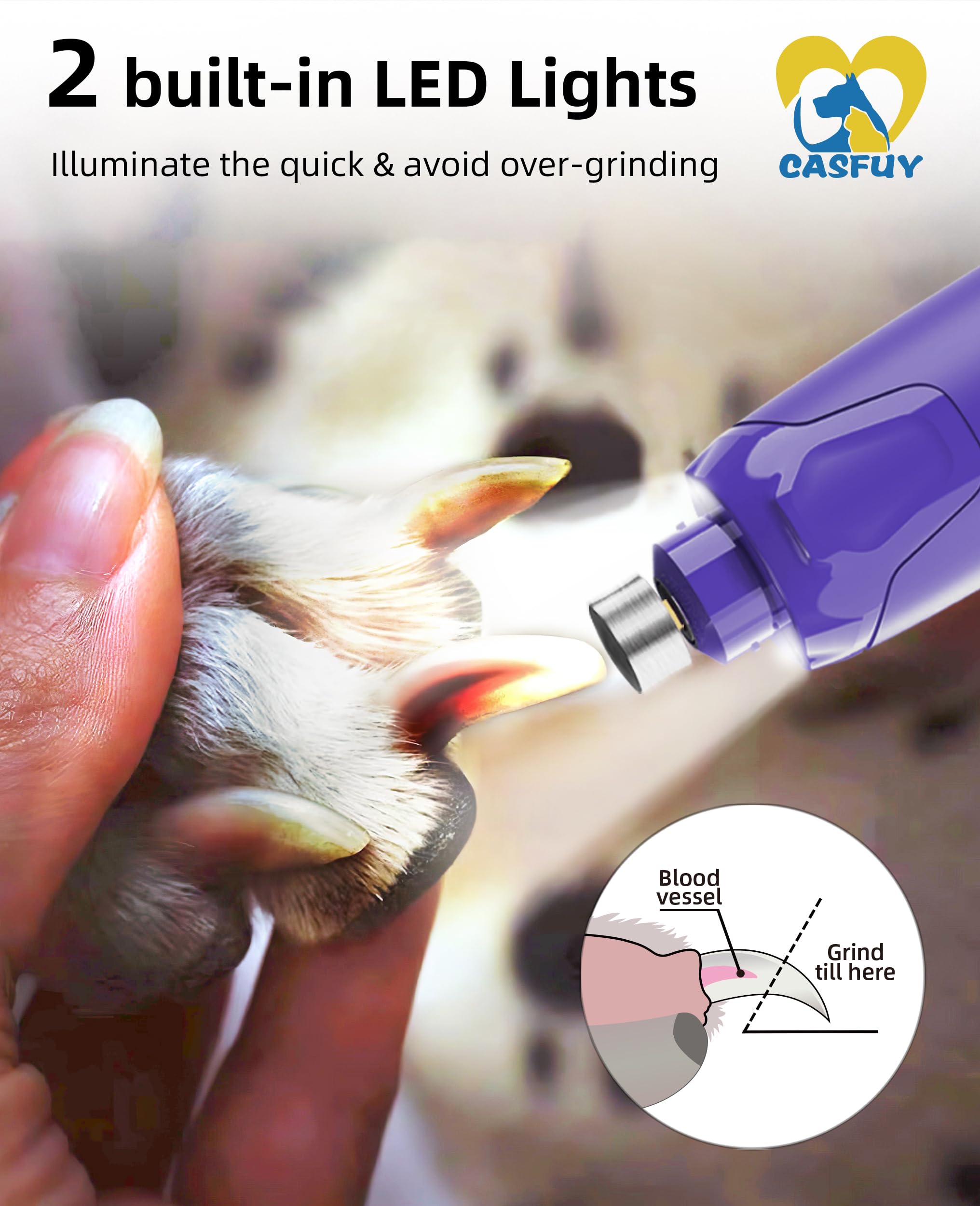 Casfuy Dog Nail Grinder N65 - 6-Speed, 45dB, Rechargeable, 2 LED Lights, for Large Medium Small Dogs/Cats - Purple