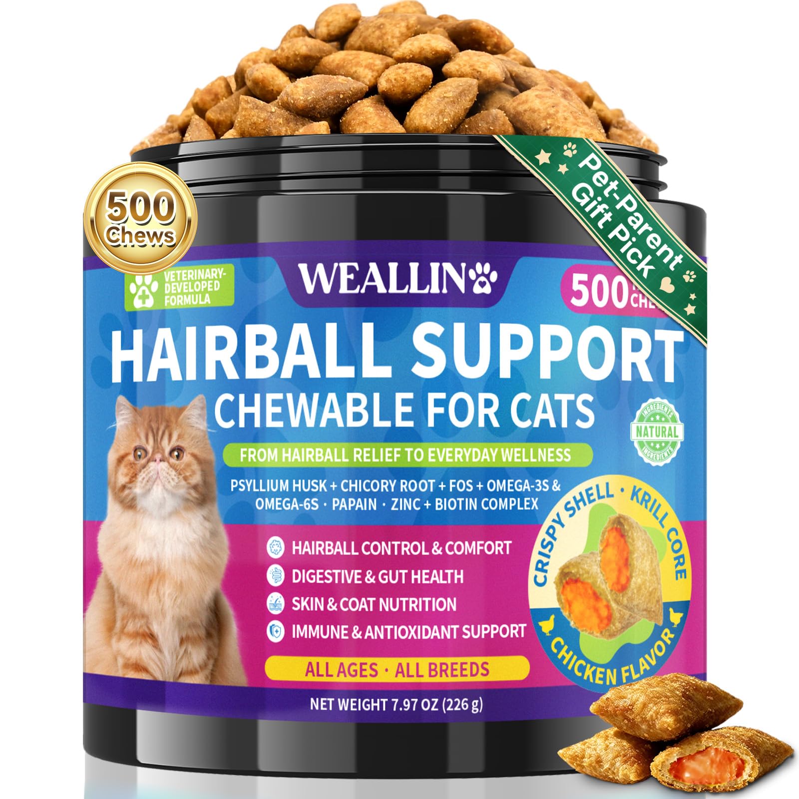 Cat Hairball Support Chews 500 Chews, Cat Hairball Remedy Treats Crunchy Shell with Krill Core, Furball Control Relief, Digestio