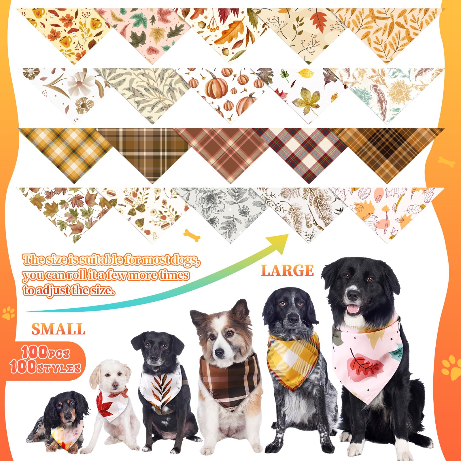 Huhumy 100 Pcs Fall Dog Bandanas Bulk Thanksgiving Pet Bibs Triangle Scarf Autumn Pet Bandanas for Medium Large Dogs Fall Autumn