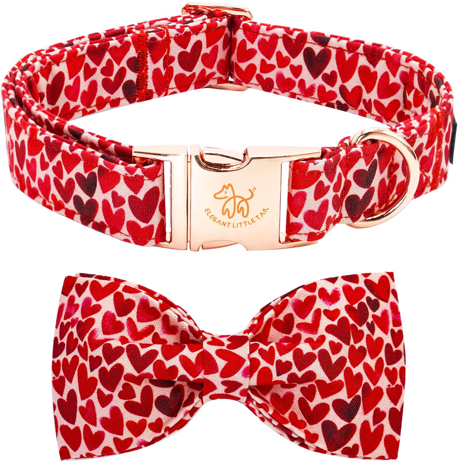 Elegant little tail Valentine's Dog Collar, Cute Red Heart Dog Collar with Bow for Medium Dogs, Female or Male Adjustable Cotton