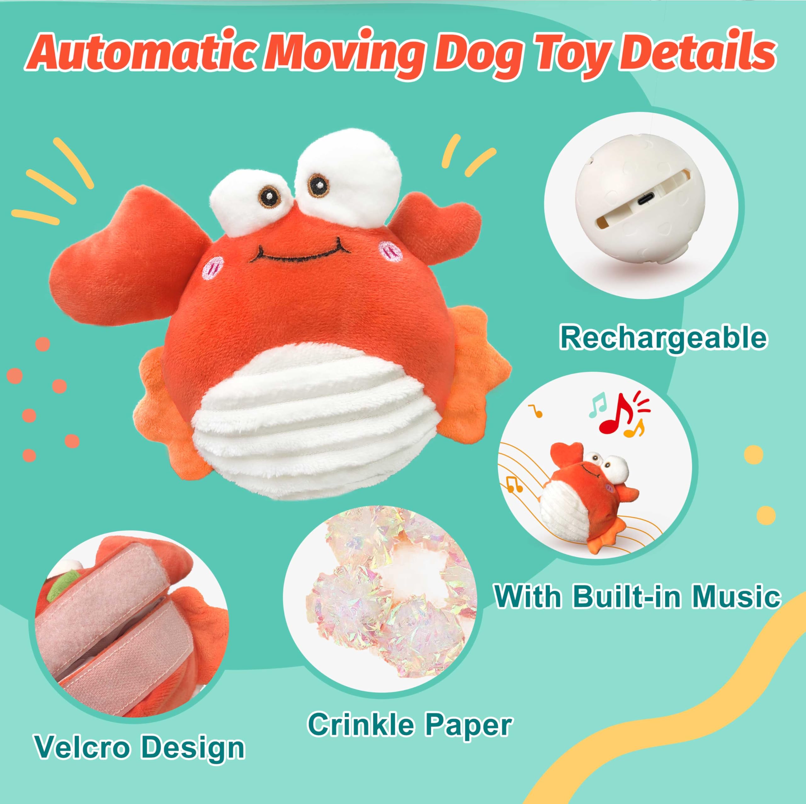 Gukco Crab Interactive Dog Toys - Rechargeable Self-Play Toy With Motion-Activated Ball & Music Recording Modes For Small, Mediu