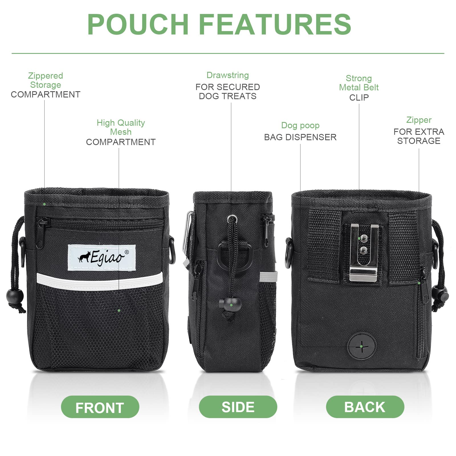 Egiao Dog Treat Pouch with Drawstring Closure, Puppy Training Bag, Built-in Pet Poop Bag Dispenser, Waist Belt Clip, 3 Ways to W