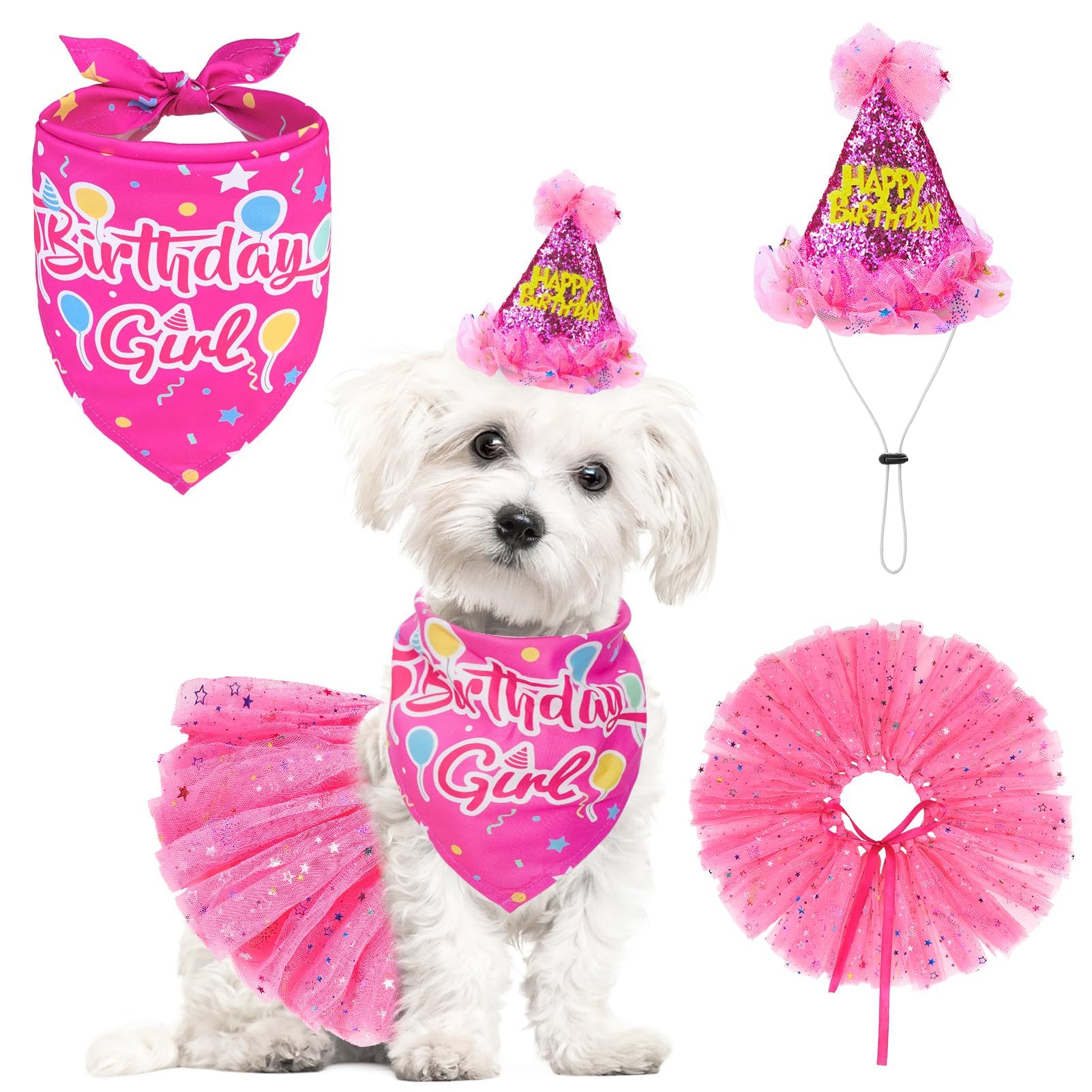 Scenereal Dog Birthday Bandana With Hat And Dress Girl Set, Puppy Birthday Party Supplies, Cute Pink Tutu Skirt Outfit For Small Medium Large Dogs