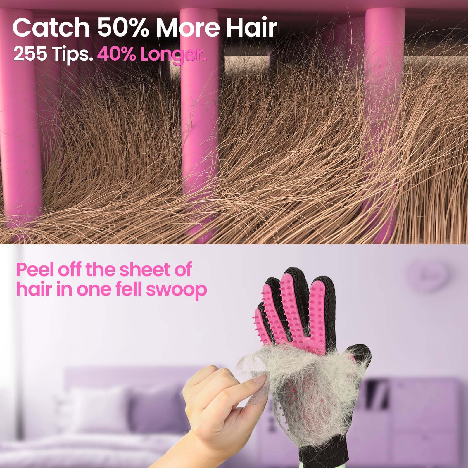 Delomo Pet Grooming Gloves, Upgrade Version With Enhanced 255 Silicone Grooming Tips, Hair Remover Mittens For Dogs & Cats, Bath Brush, 1 Pair (Pink)
