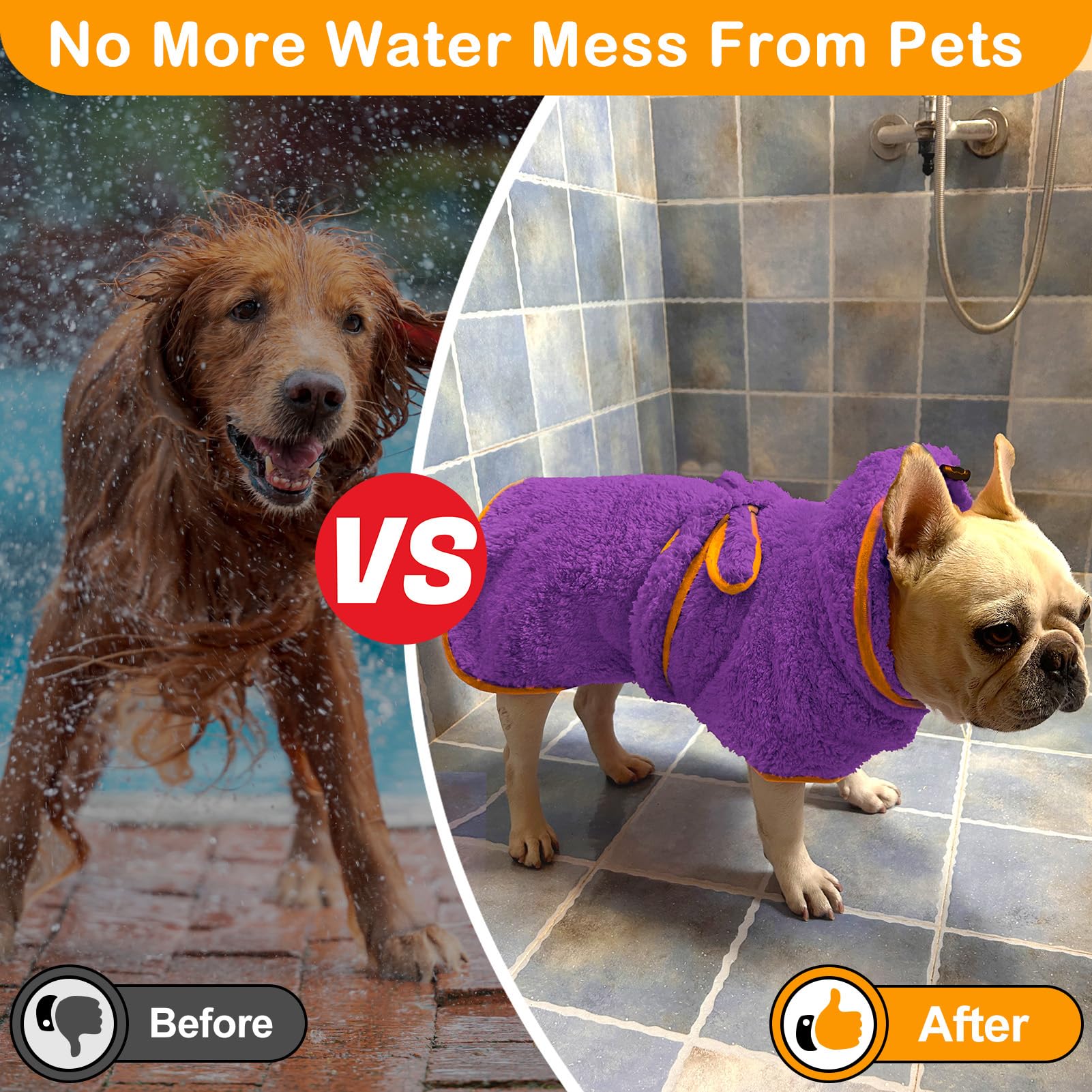 Bienbee Soft Dog Bathrobe,Super Absorbent & Quick-Drying Dog Robe With Hood, Cozy Drying Coat For After Bath, Purple Xl