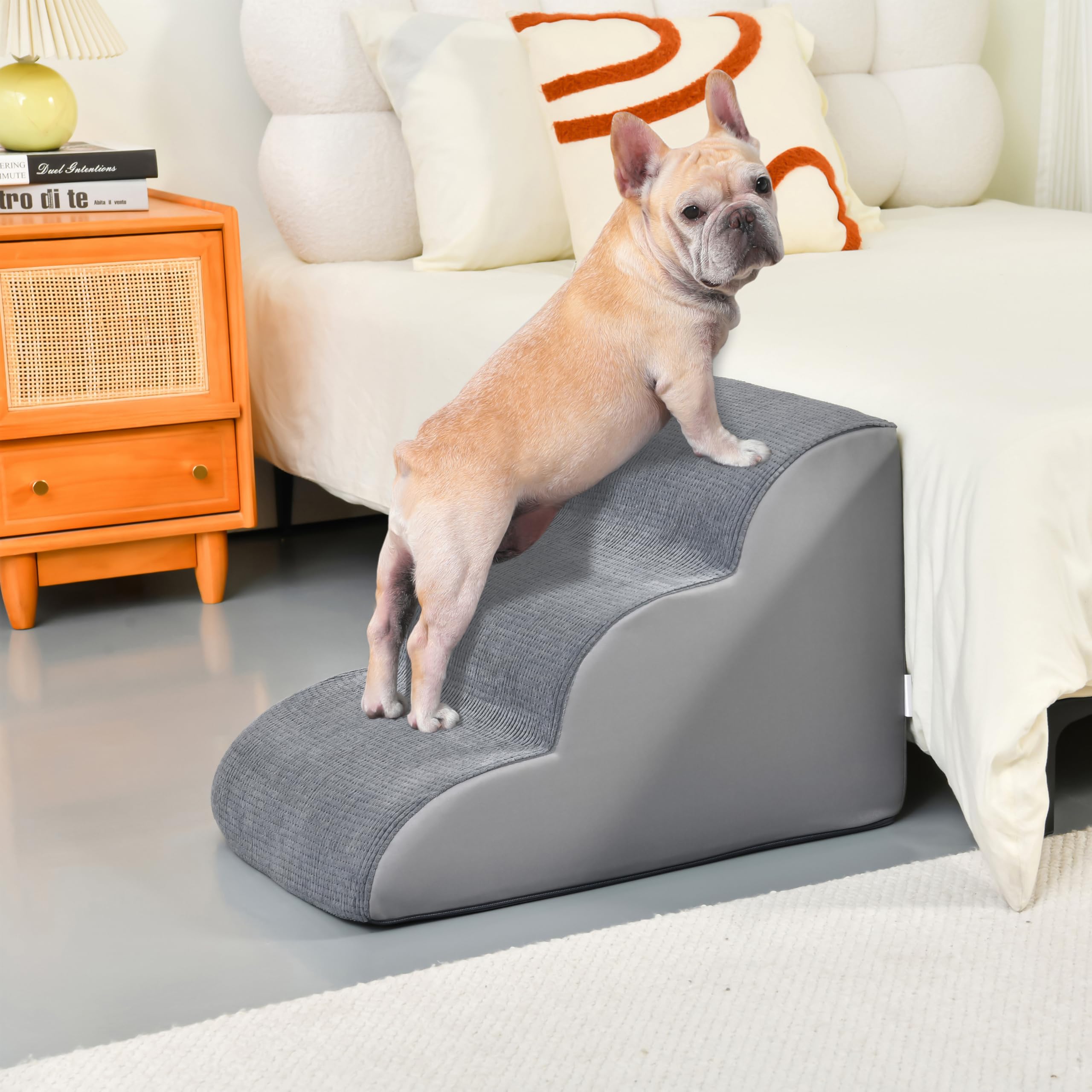 Dog Stairs for Small Dogs 15.7    H, Pet Stairs with High-Density Foam, 3-Step Dog Steps for Bed, Couch or Sofa, Curved Ramp Des