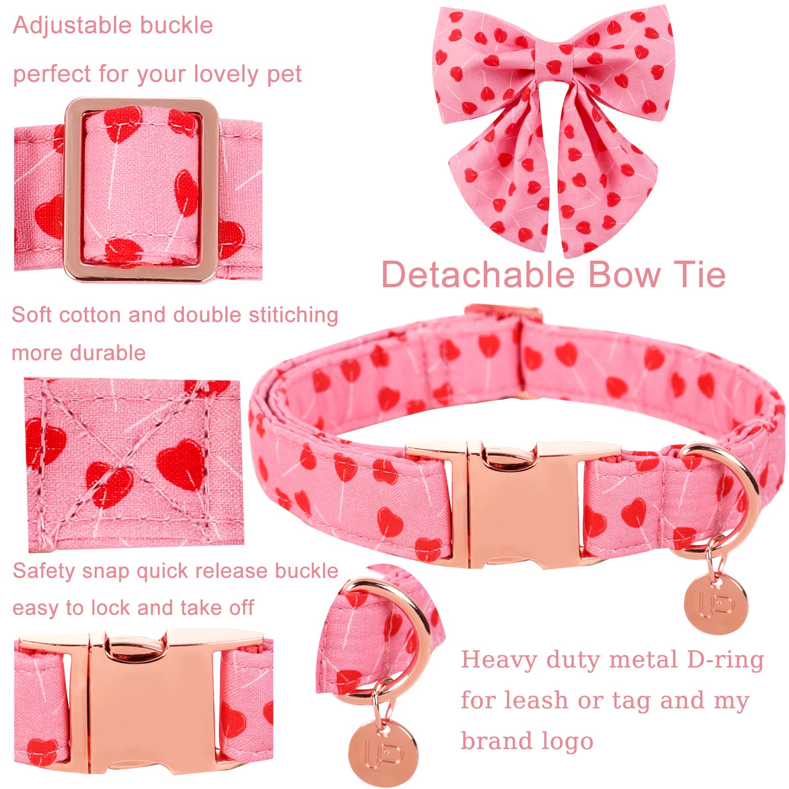 Up Urara Pup Valentine Dog Collar With Bow Tie, Valentine Bowtie Collar For Small Girl Dog, Cotton Collar With Durable Metal Buckle, Valentine’S Day Gift Pet Collar, S, Neck 10-16In, Red Heart