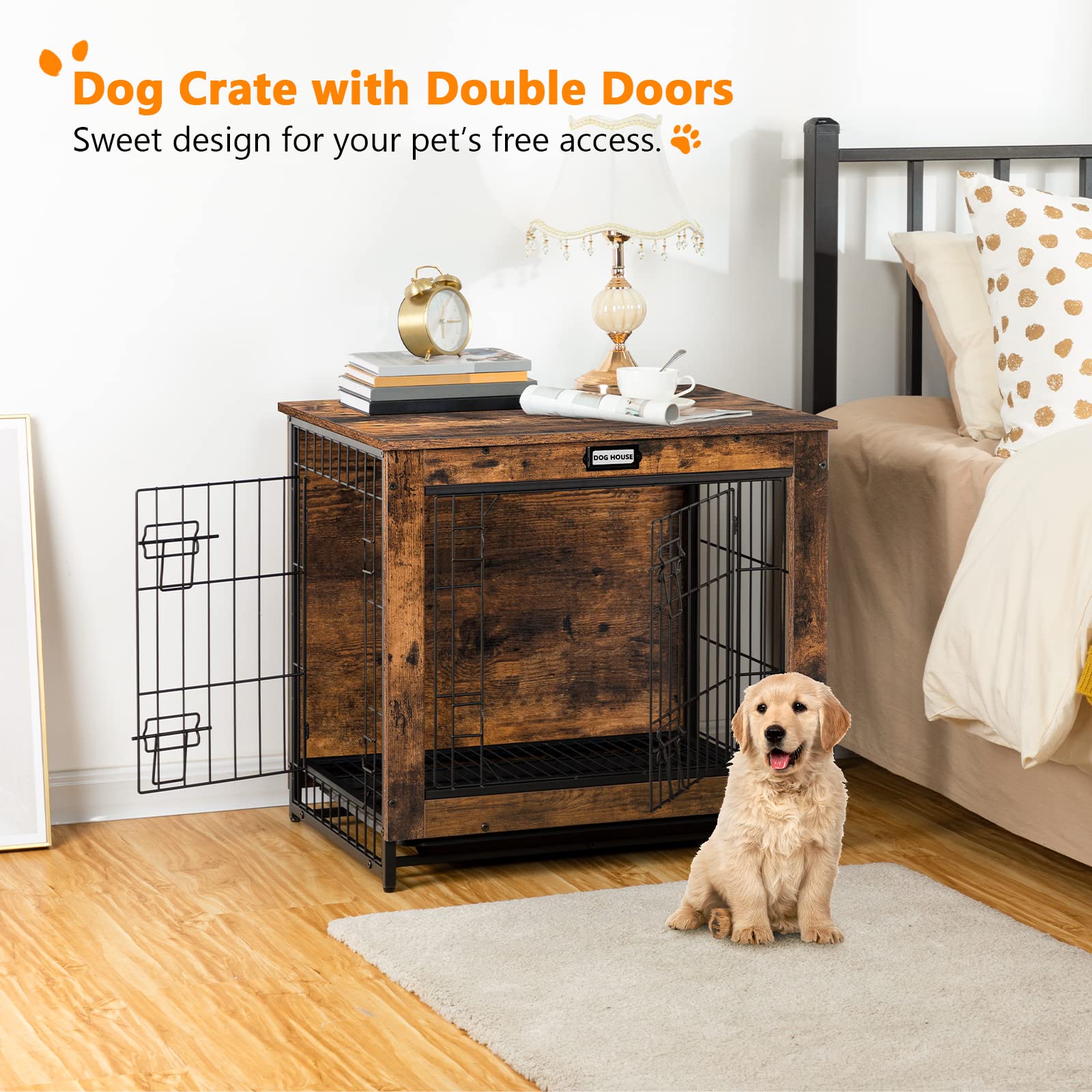 HOOBRO Decorative Dog Crate Furniture, Wooden Kennel with Pull-Out Tray, Rustic Brown, 25.2”L x 19.7”W x 23.6”H for