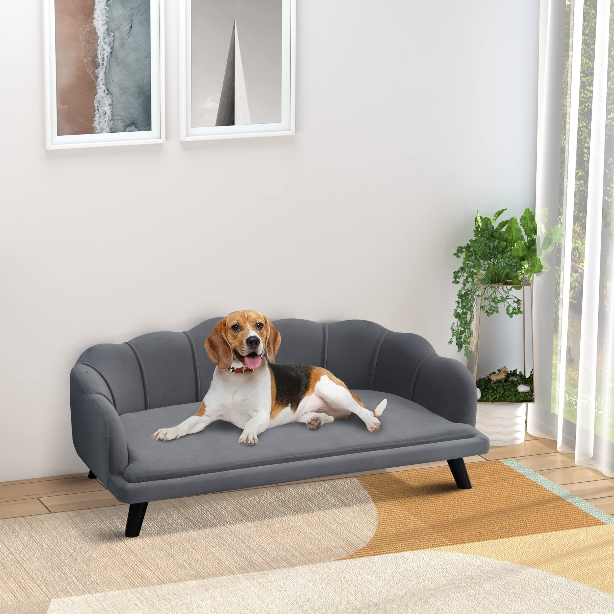 Pawhut Velvet Large Dog Couch With Foam Cushion, Soft And Cute Dog Bed With Pearl Design, Dog Sofa For Big And Medium Dogs, Char