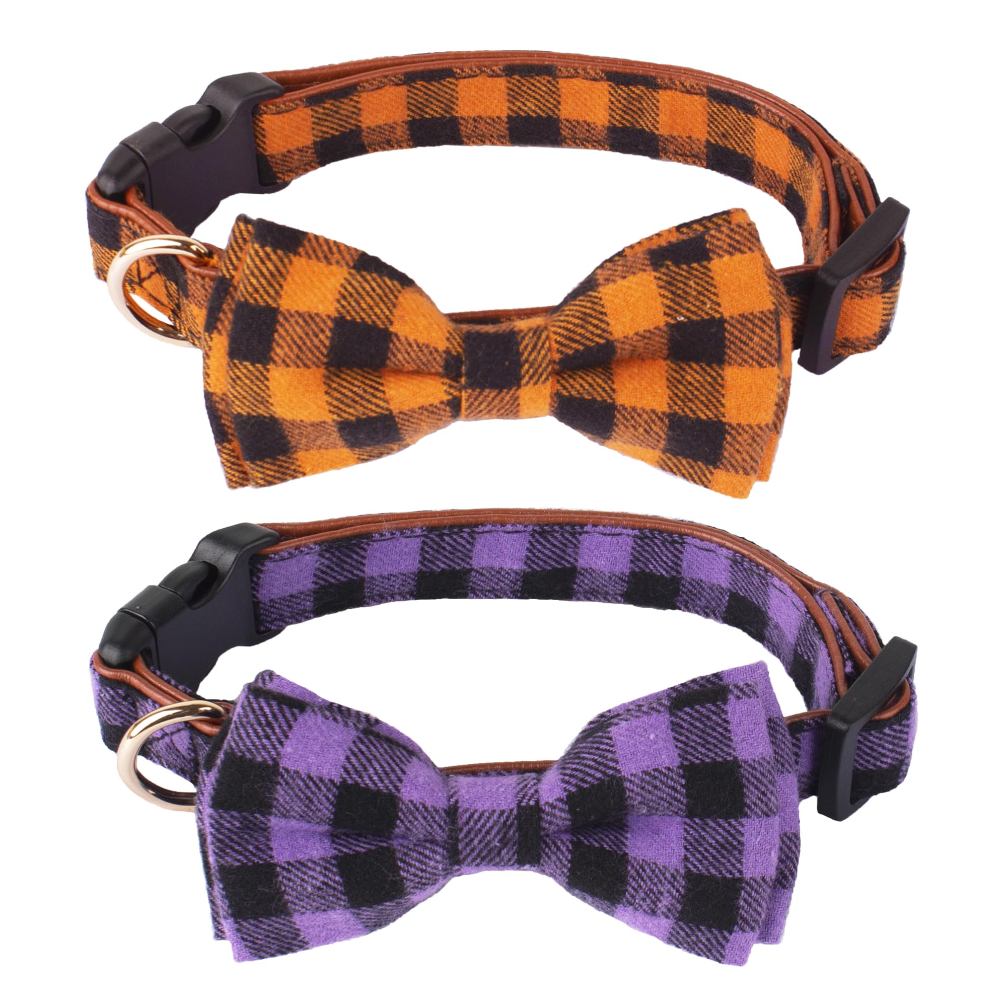 Adoggygo Halloween Dog Collar With Bow, Adjustable Plaid Dog Collars With Removable Bowtie Orange Purple Plaid Halloween Collars For Medium Dogs Pets (Medium, Orange&Purple)