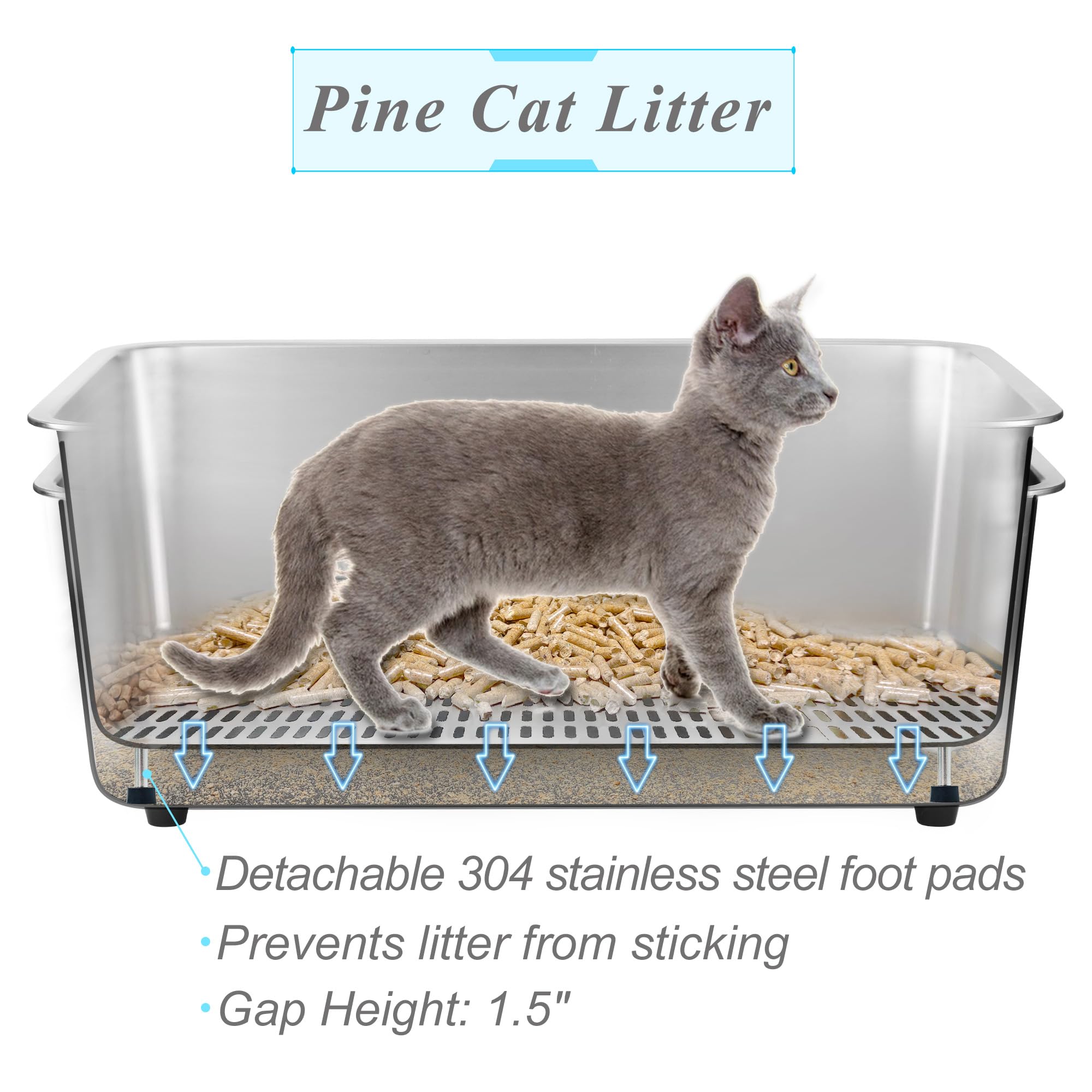 Sorstrem 8" Sifting Cat Litter Box - Stainless Steel, XX-Large, Silver, Model Sor-002S for Clumping Clay & Pine Pellets