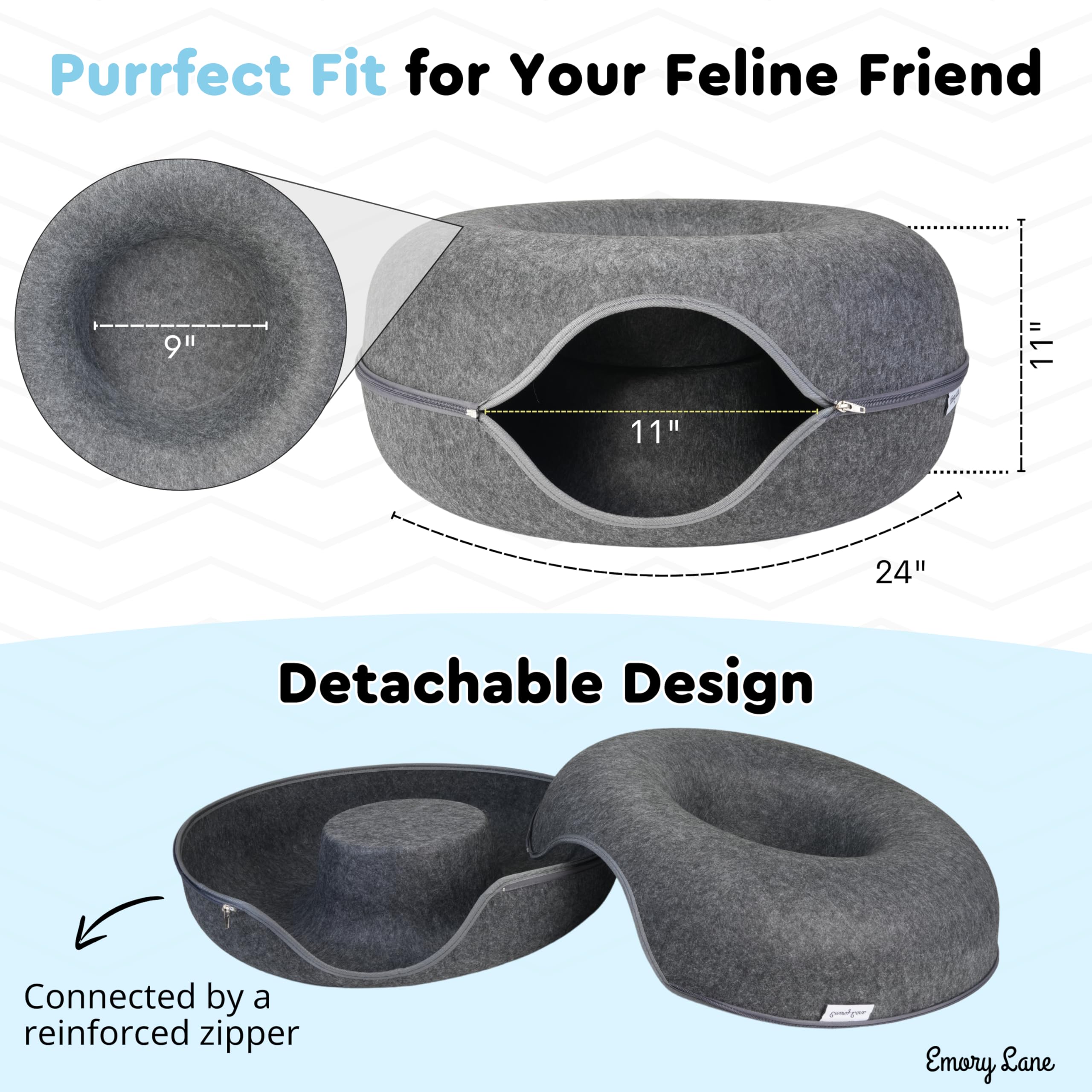 Emory Lane - Premium Cat Cave, Multifunctional Donut Tunnel Bed, Round Felt Cave With Zipper, For Pets Up To 40 Lbs (24X24X11 In