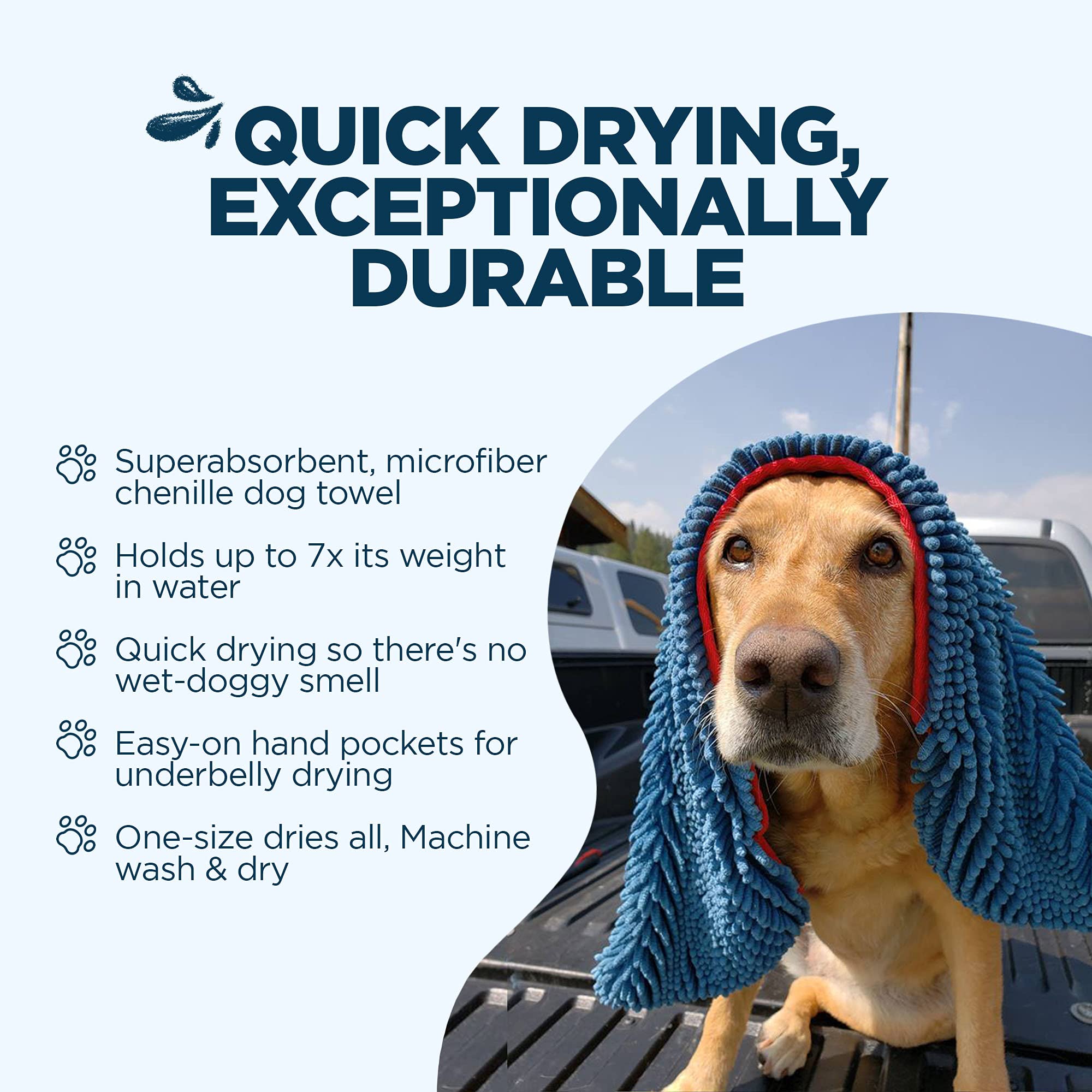 Soggy Doggy Super Shammy Dog Towel, Washable Microfiber Dog Towels For Drying Dogs And Cleaning Paws, Fast-Drying Dog Bath Towel With Hand Pockets, Blue/Red Trim, 31 X 14 Inches