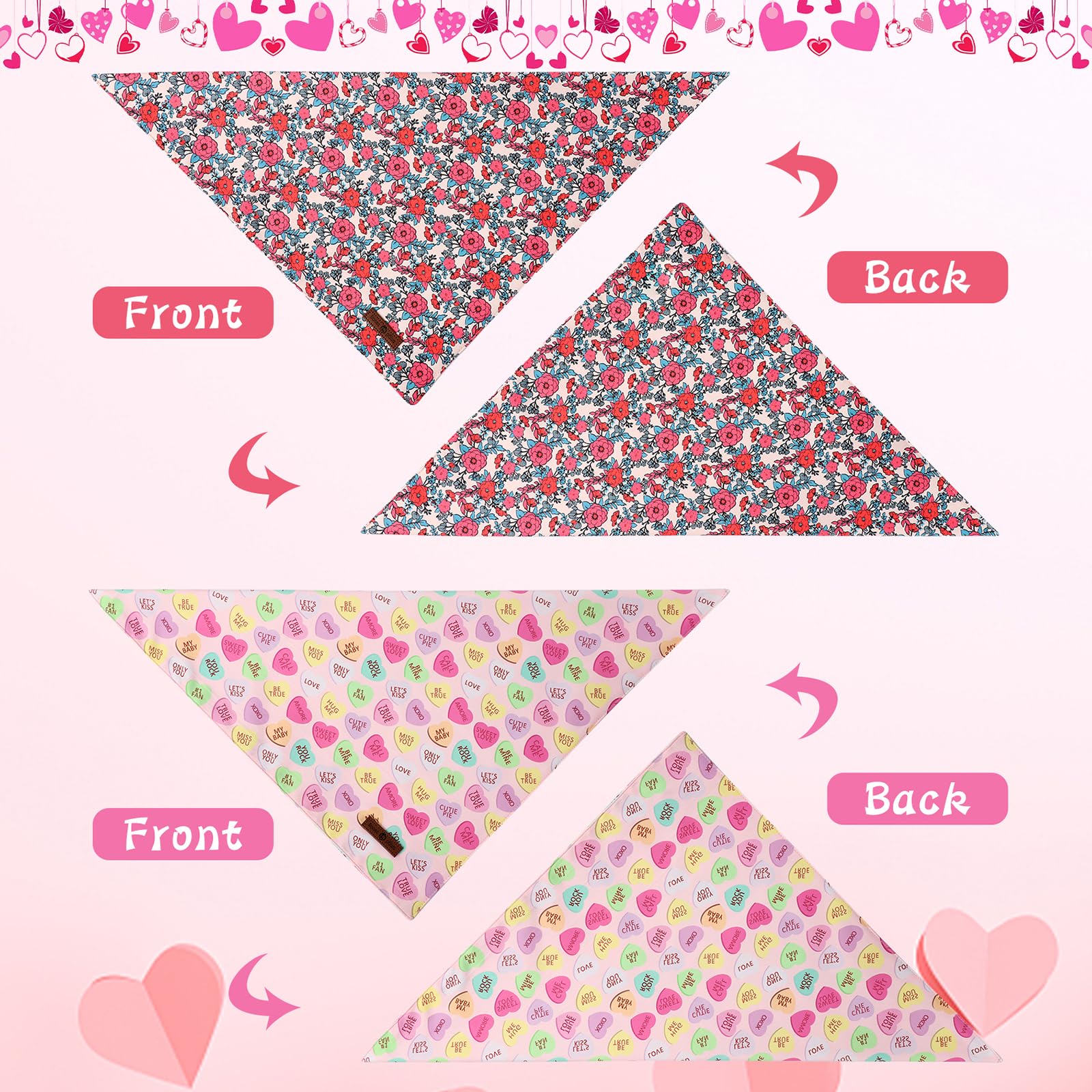 Lionet Paws Valentine'S 2Pcs Dog Bandanas, Red Floral Dog Scarf Bib Premium Fabric, Happy Valentine Heart Bandanas For Medium La