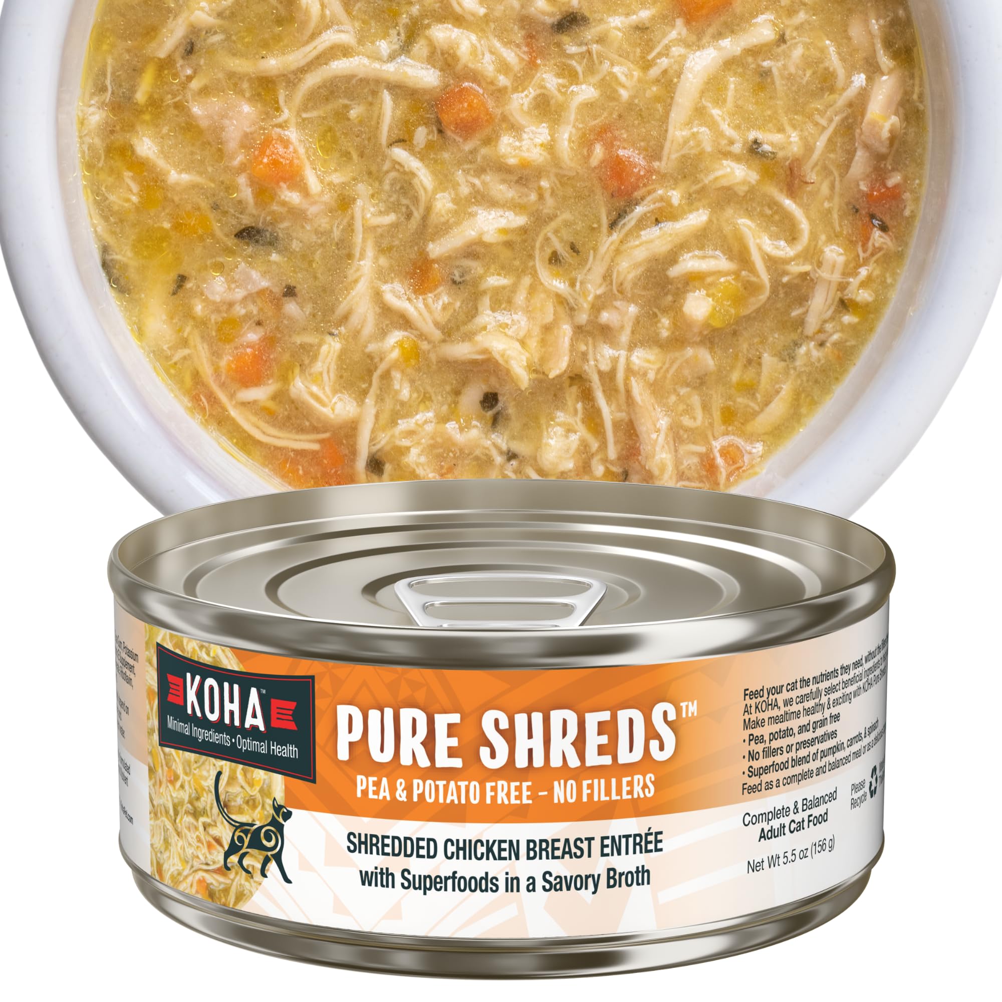 KOHA Pure Shreds Chicken Entr  e for Cats, High Protein Wet Cat Food, 5.5oz Cans (Pack of 12)