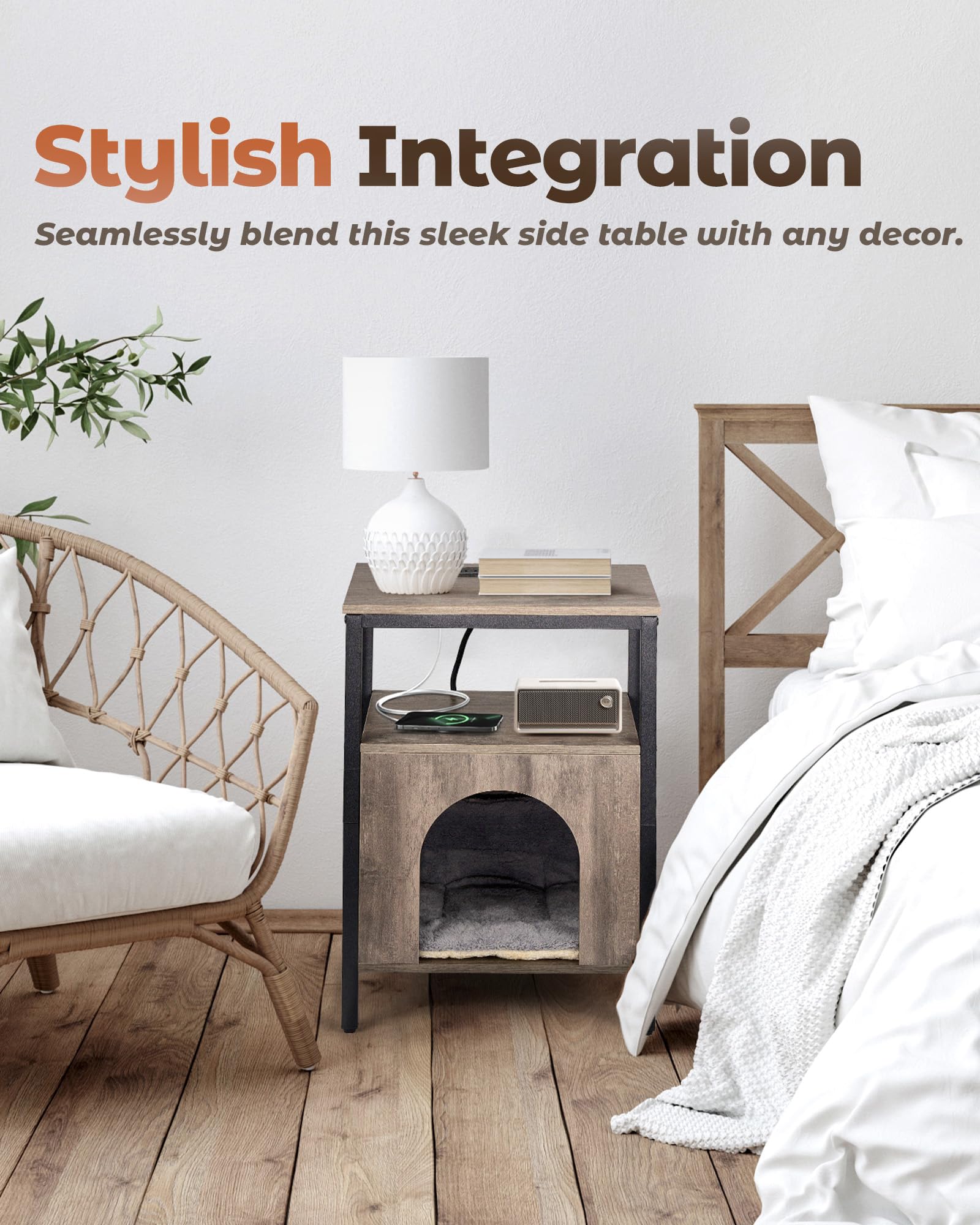 Upolana Cat End Table with Charging Station, Indoor Cat House Side Table with Bed, Cat Cave Hideaway Night Stand, Greige