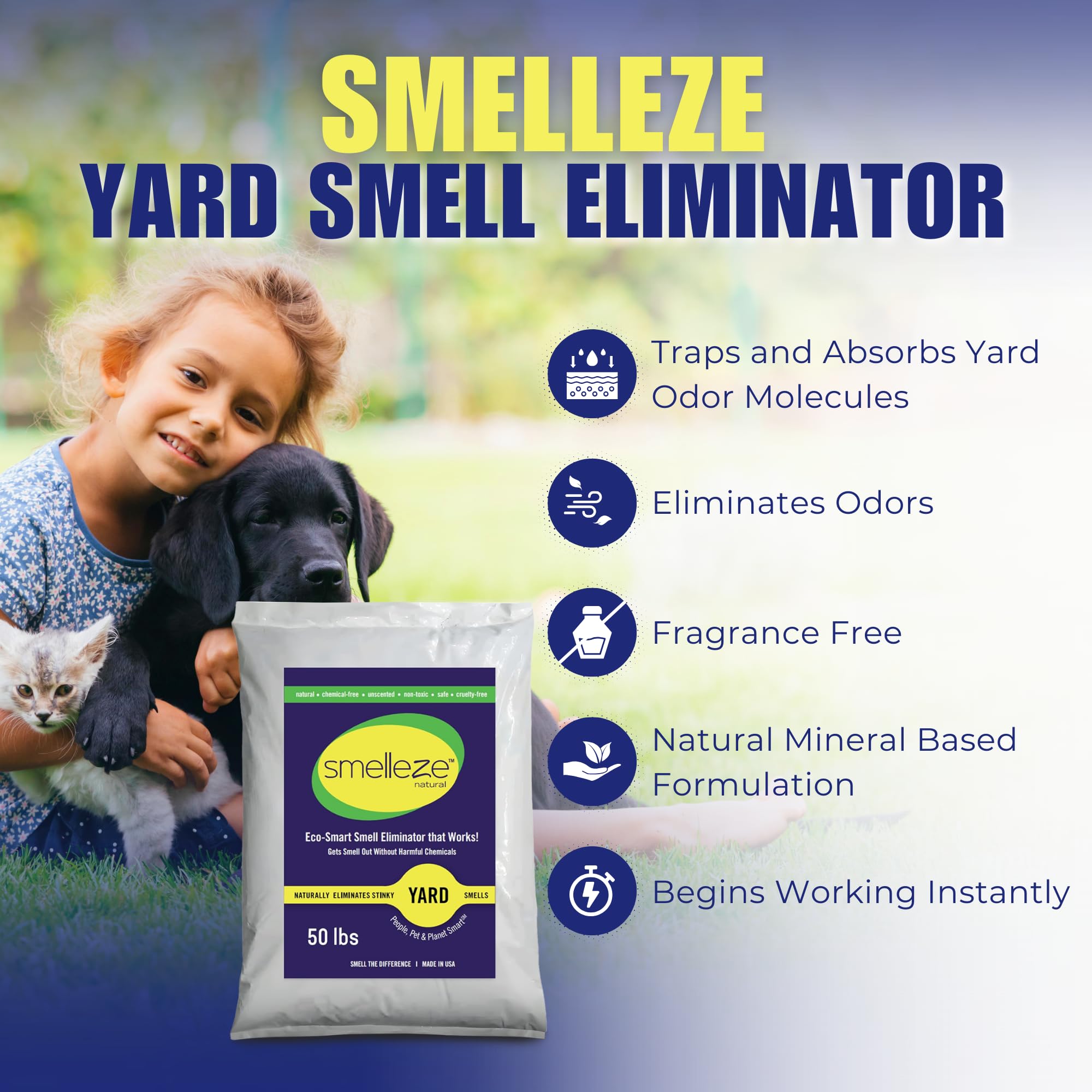 Smelleze Natural Yard & Concrete Smell Removal Deodorizer: 50 Lb. Granules Eliminate Outdoor Pet Urine & Feces Odor. Long Lastin