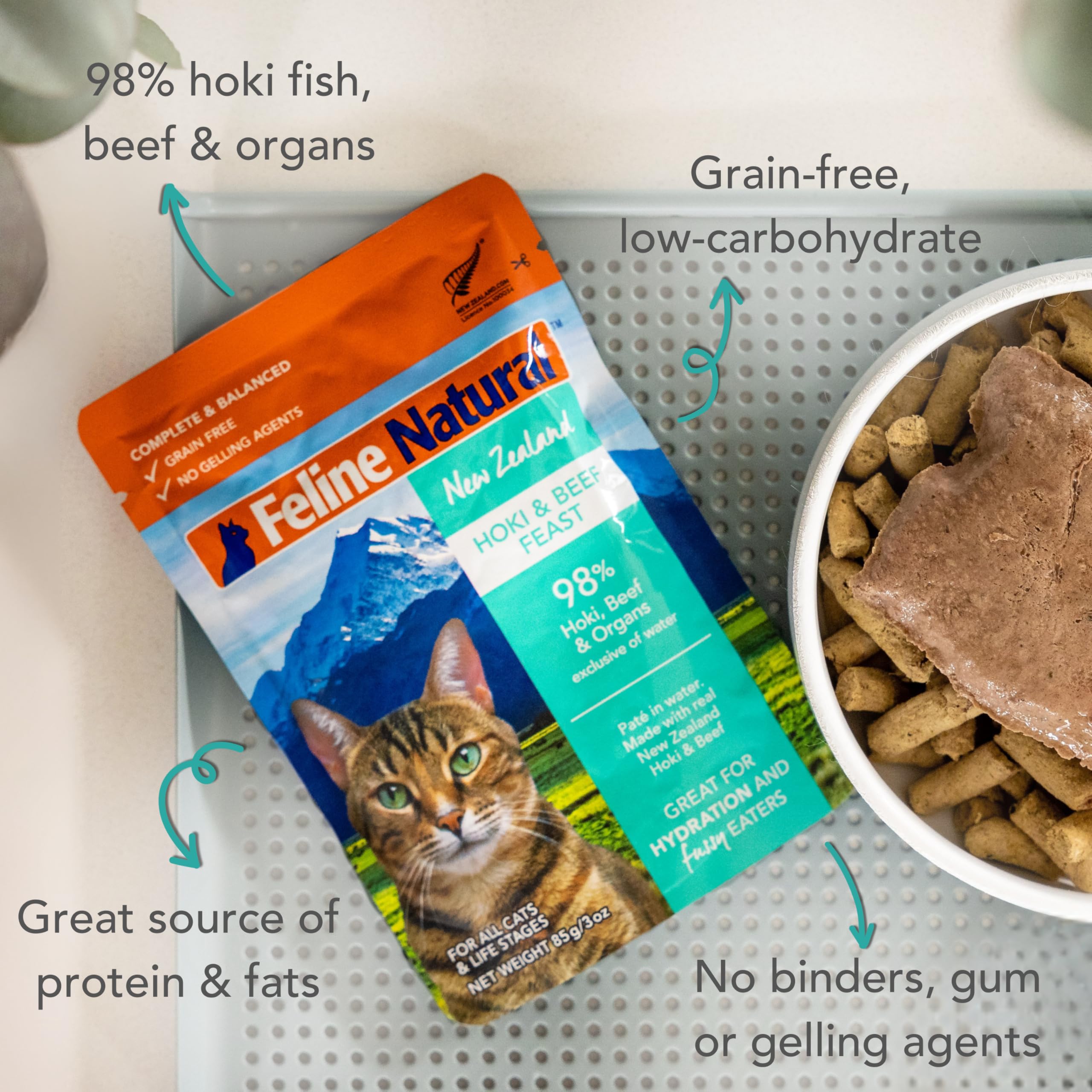Feline Natural Wet Cat Food Pate, Hoki & Beef Feast, 3 Oz Single Serve Pouch (Pack of 12), Grain Free, Made in New Zealand with