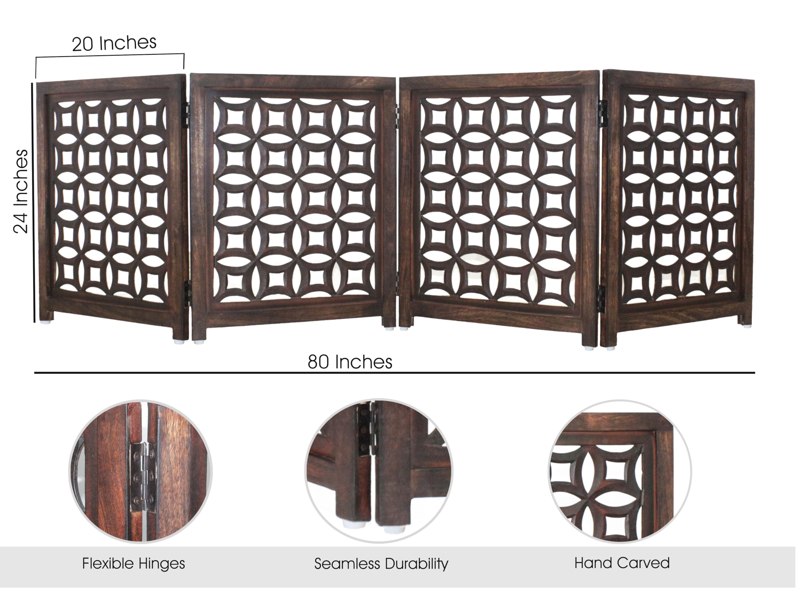 Wooden Foldable Pet Dog Safety Gate -4 Panels 20''Wx24''H- Hand Carved Solid Wood And Mdf - Free Standing Portable Indoor Doorwa