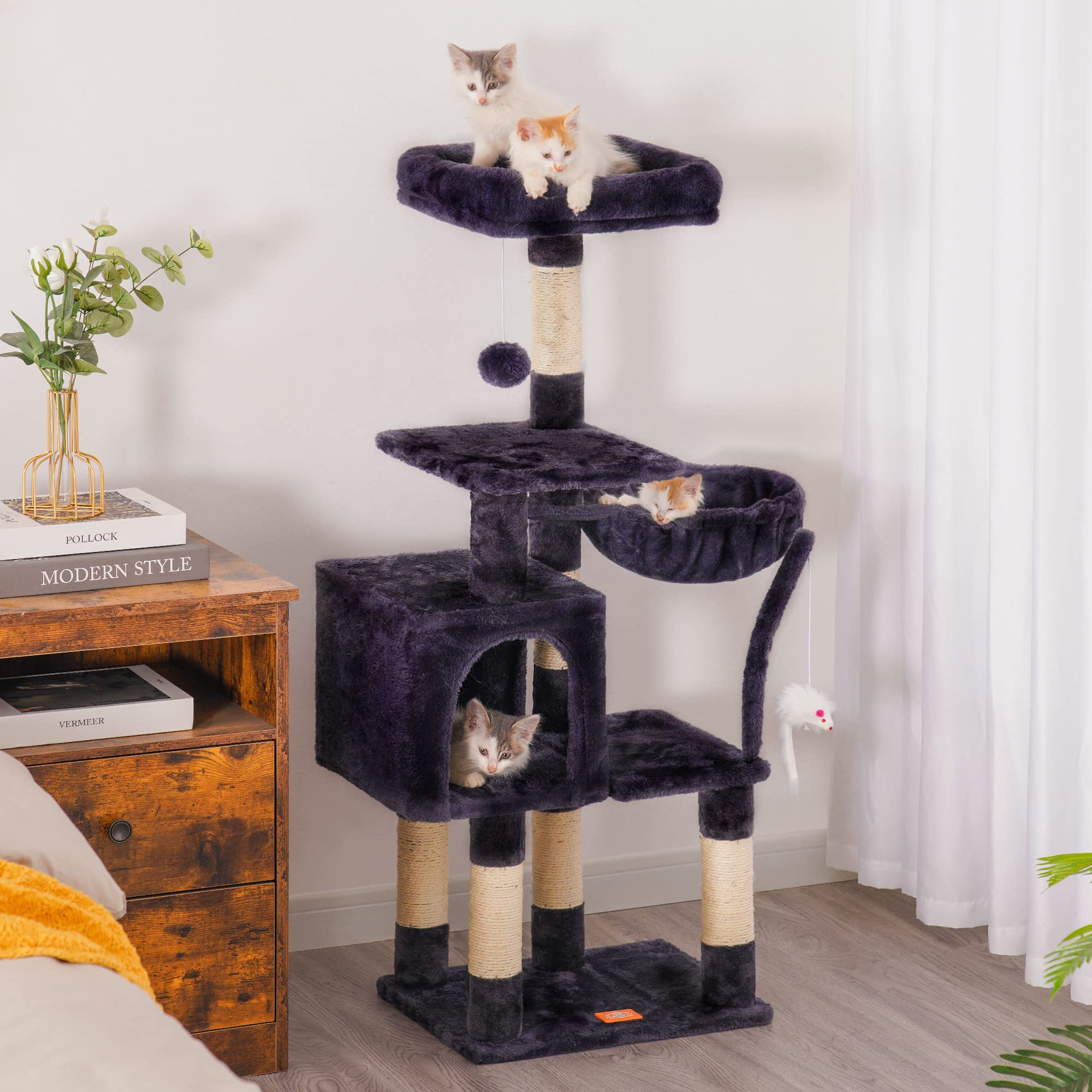 Heybly Cat Tree With Toy, Cat Tower Condo For Indoor Cats, Cat House With Padded Plush Perch, Cozy Hammock And Sisal Scratching Posts, Smoky Gray Hct004Sg