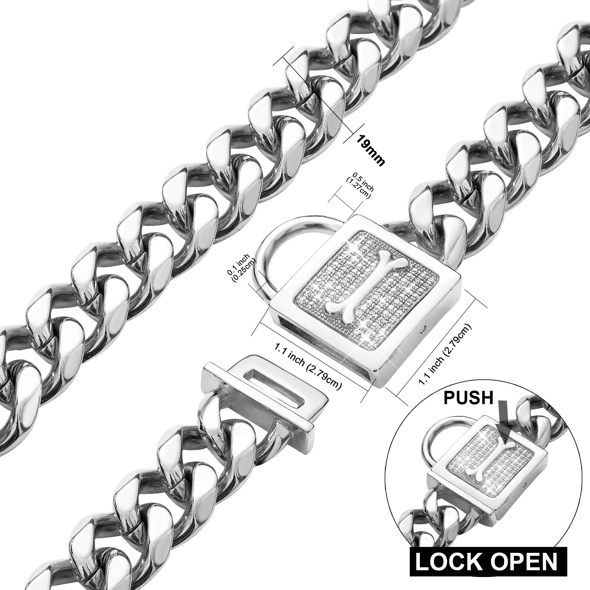PRADOG Dog Collar with Zirconia Locking 19MM Hand Polished Stainless Steel Metal Puppy Collar Luxury Dog Bling Necklace Small Me