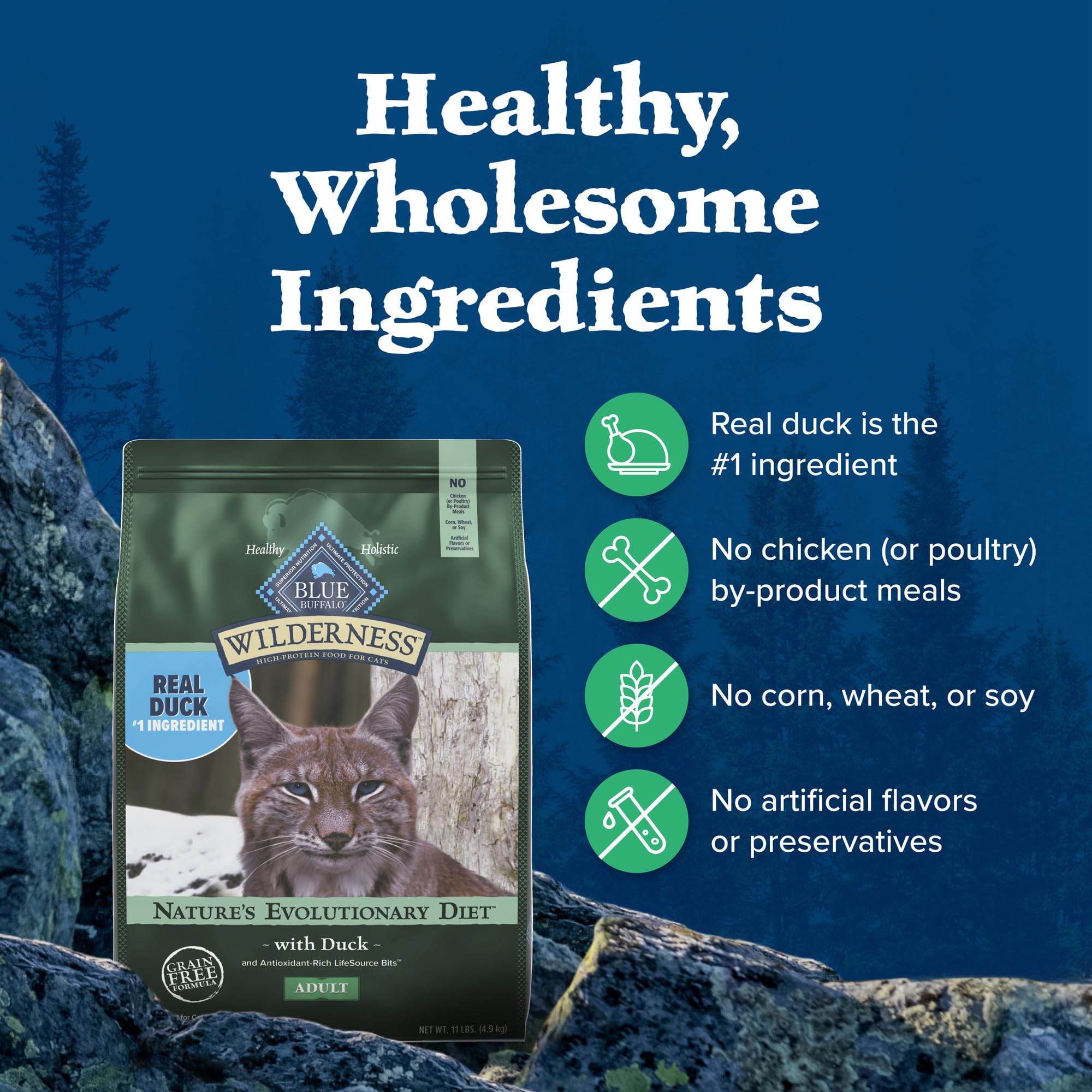 Blue Buffalo Wilderness Natures Evolutionary Diet High-Protein, Grain-Free Natural Dry Food for Adult Cats, Duck, 5-lb. Bag