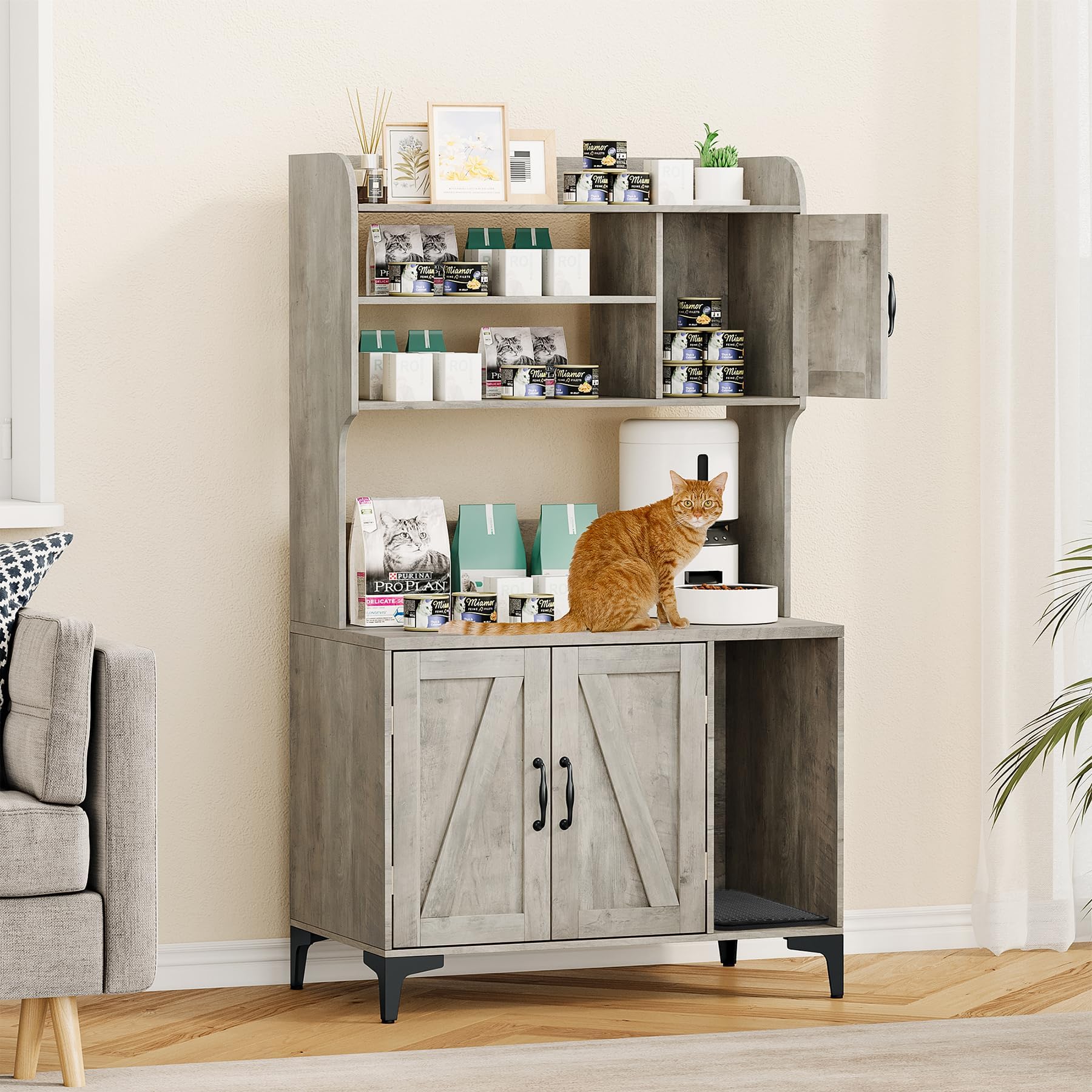 GarveeLife Cat Litter Box Enclosure with Shelves, Litter Box Cabinet, Hidden Cat Box Furniture with Scratching Mat, Wood Sturdy 
