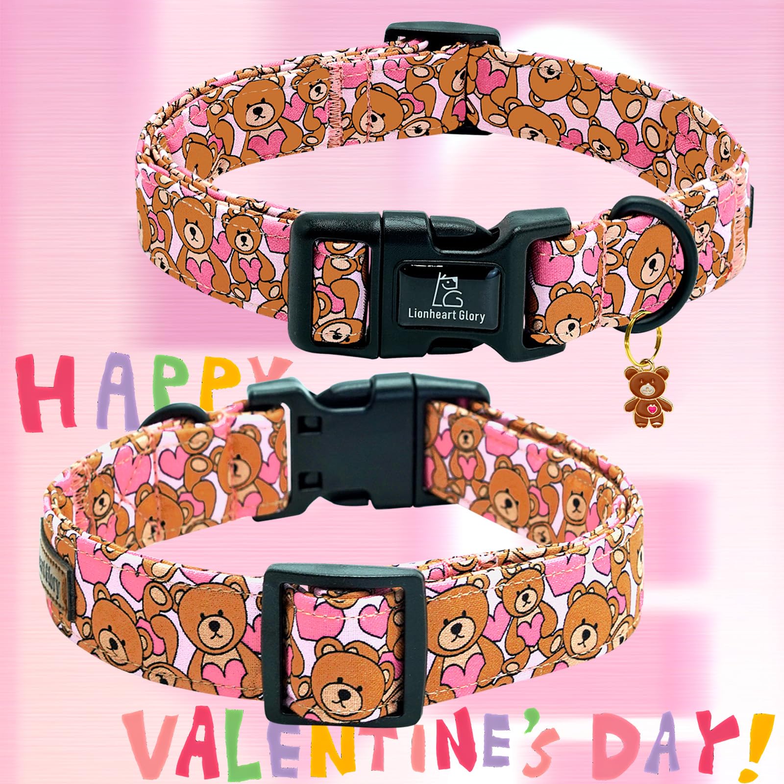 Lionheart Glory Valentine Collar-Bear Hearts Print Dog Collar For Medium Cute Pink Dog Collars Spring Female Pet Gift Adjustable
