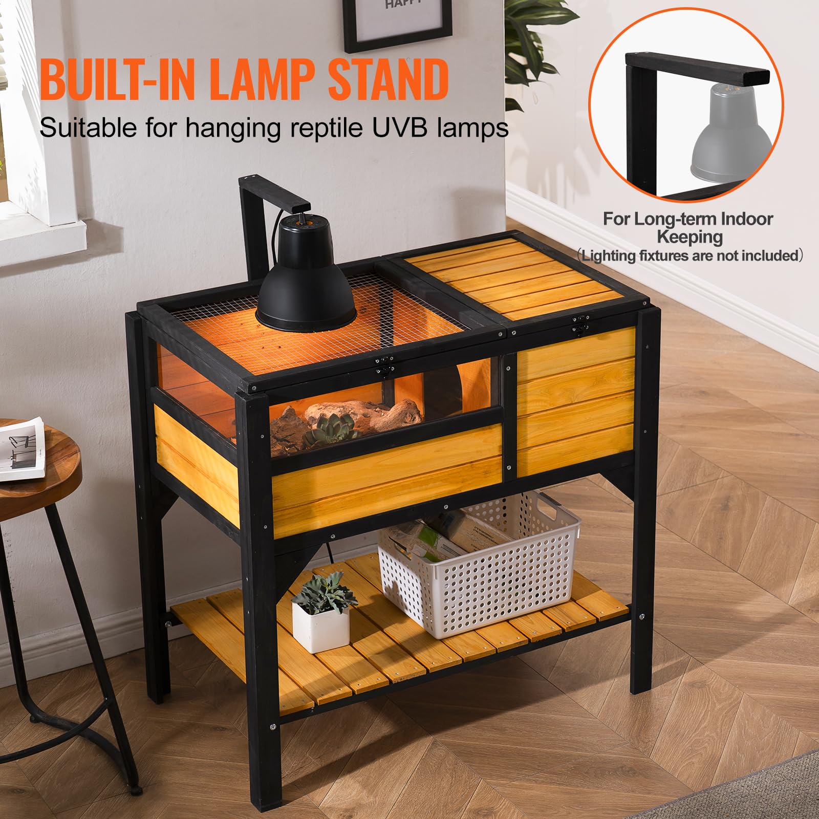 VEVOR Tortoise Habitat - Cedar Wooden Enclosure with Light Stand, 33"x19.7"x32.5", Indoor & Outdoor Use, Model MSH-T03, Wood + Black